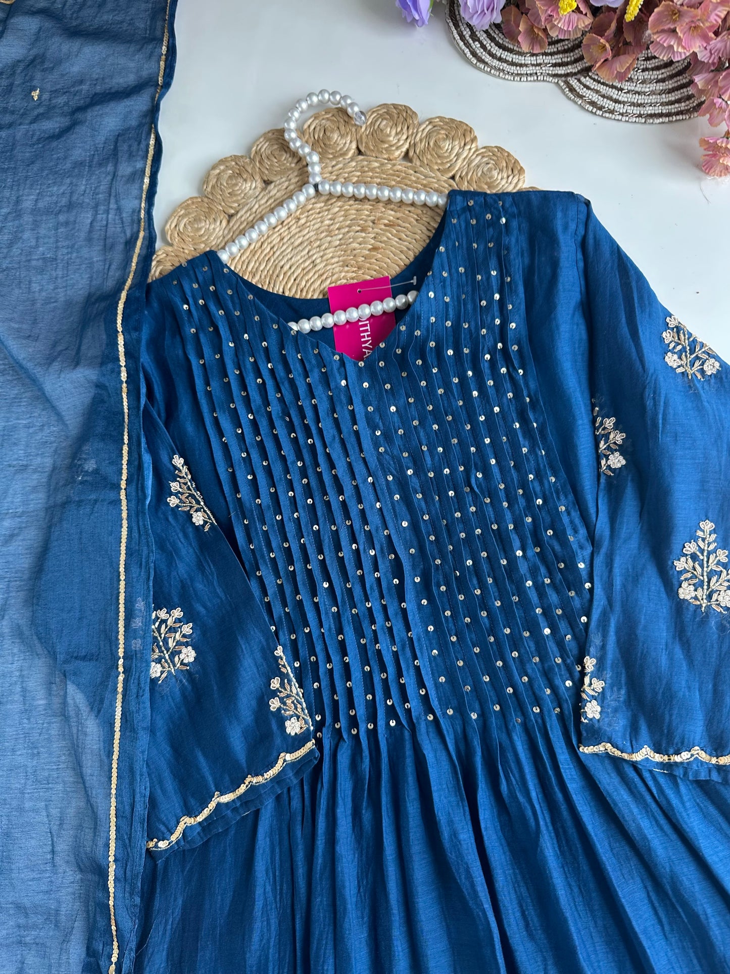 K210 - Mul Chanderi handwork Anarkali with pants and dupatta in 2 colours
