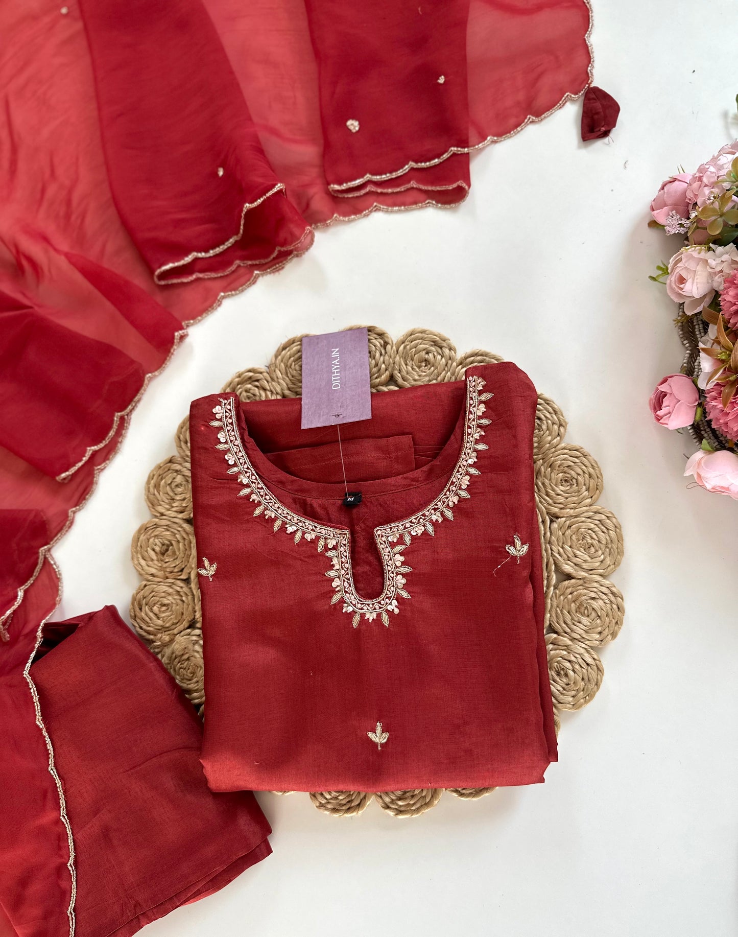 K324 - Russian silk handwork straight Kurti with pants and dupatta