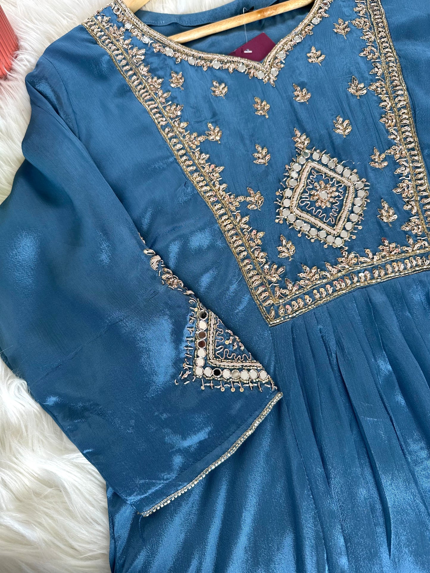 K399 - Handwork Chinnon Anarkali with pants and dupatta in 2 colour