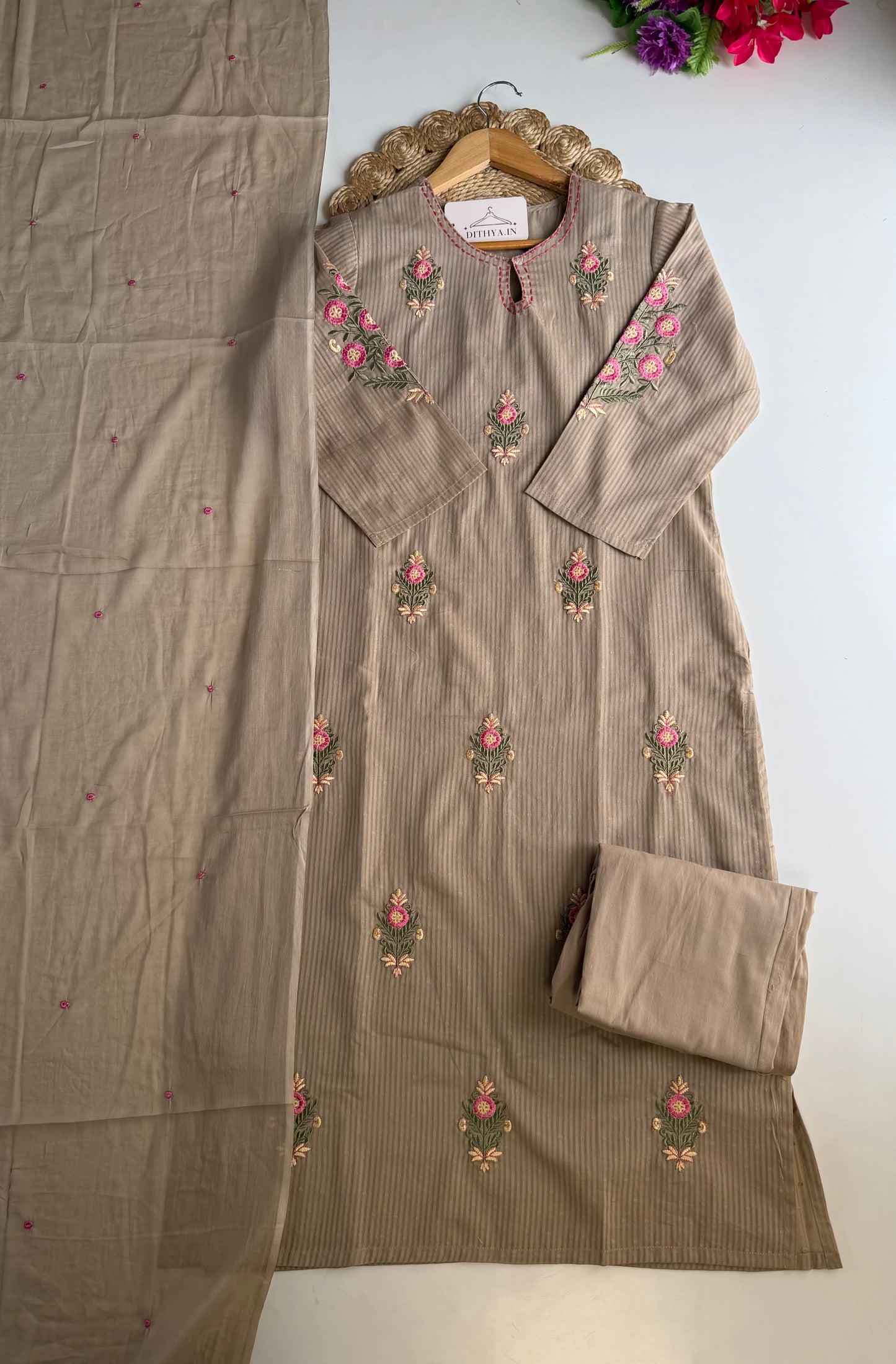 K339 - Mul cotton embroidered straight Kurti with pants and dupatta