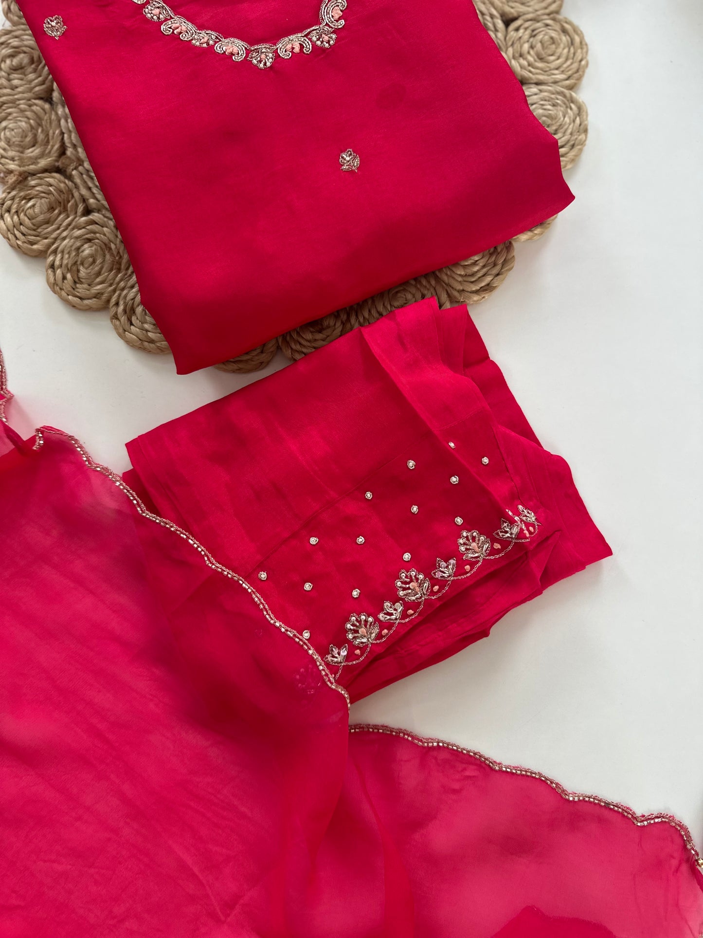 K010 - Dola silk handwork straight Kurti with pants and dupatta in 2 colours