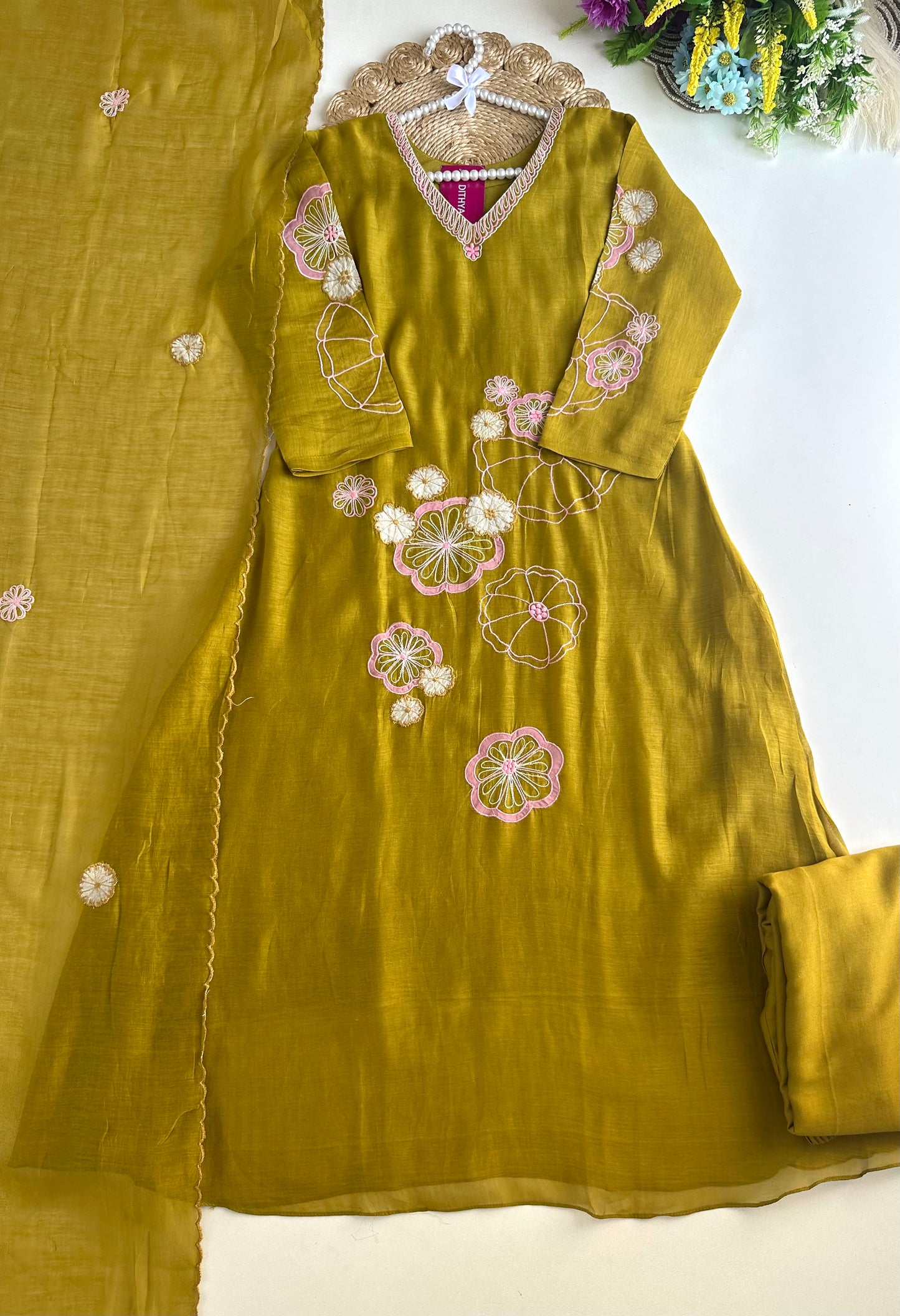 K292 - Mul Chanderi Appliqué work Aline Kurti with pants and dupatta