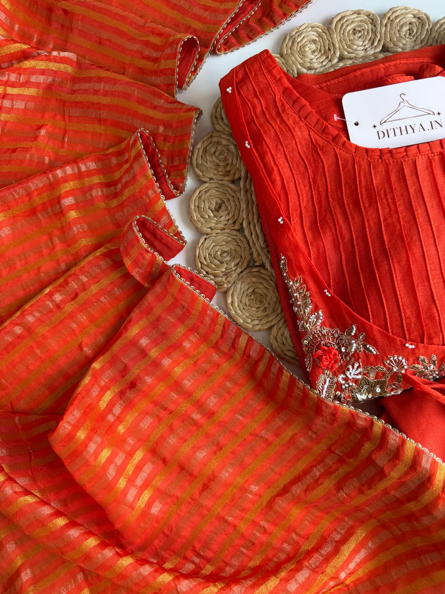 K521 - Mul chanderi Handwork aline Kurti with pants and dupatta