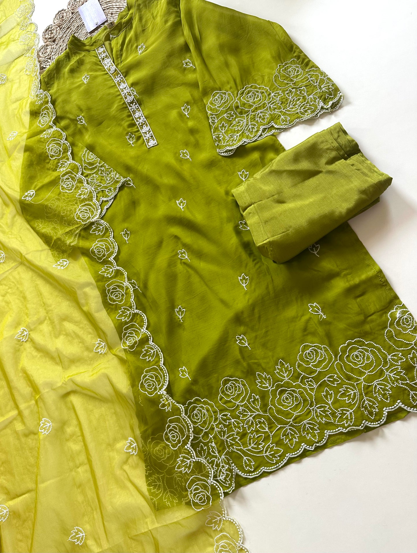 K263 - Viscose organza Embroidered straight kurti with pants and dupatta