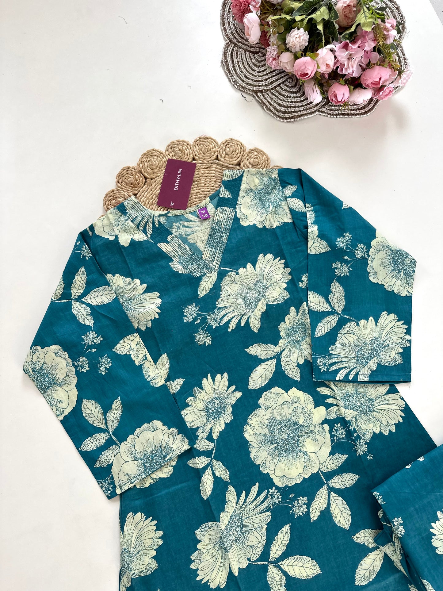 K227 - Cotton floral Aline Kurti with pants in 3 colours
