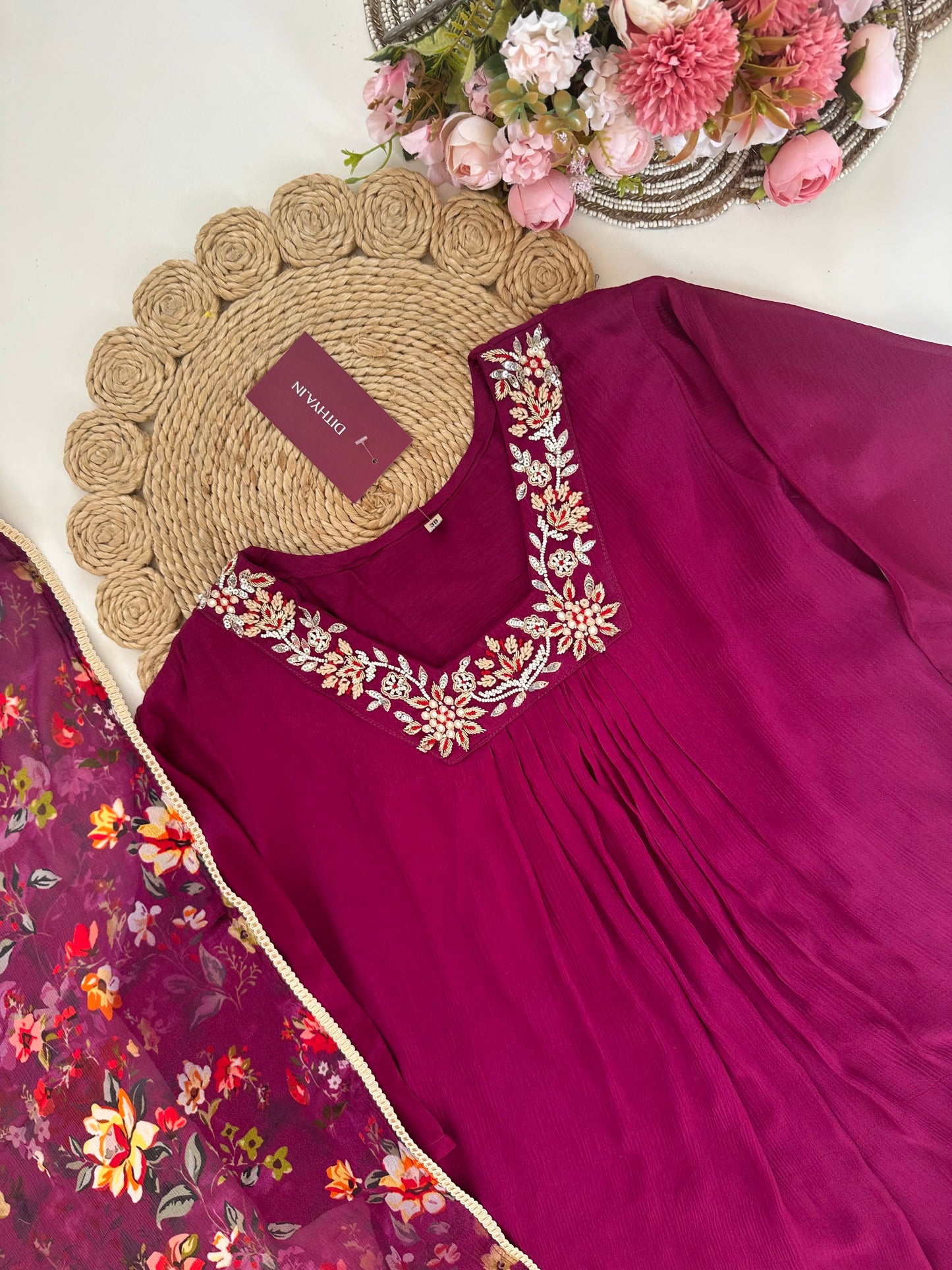 K402 - Chinnon handwork Aline Kurti with pants and viscose organza dupatta