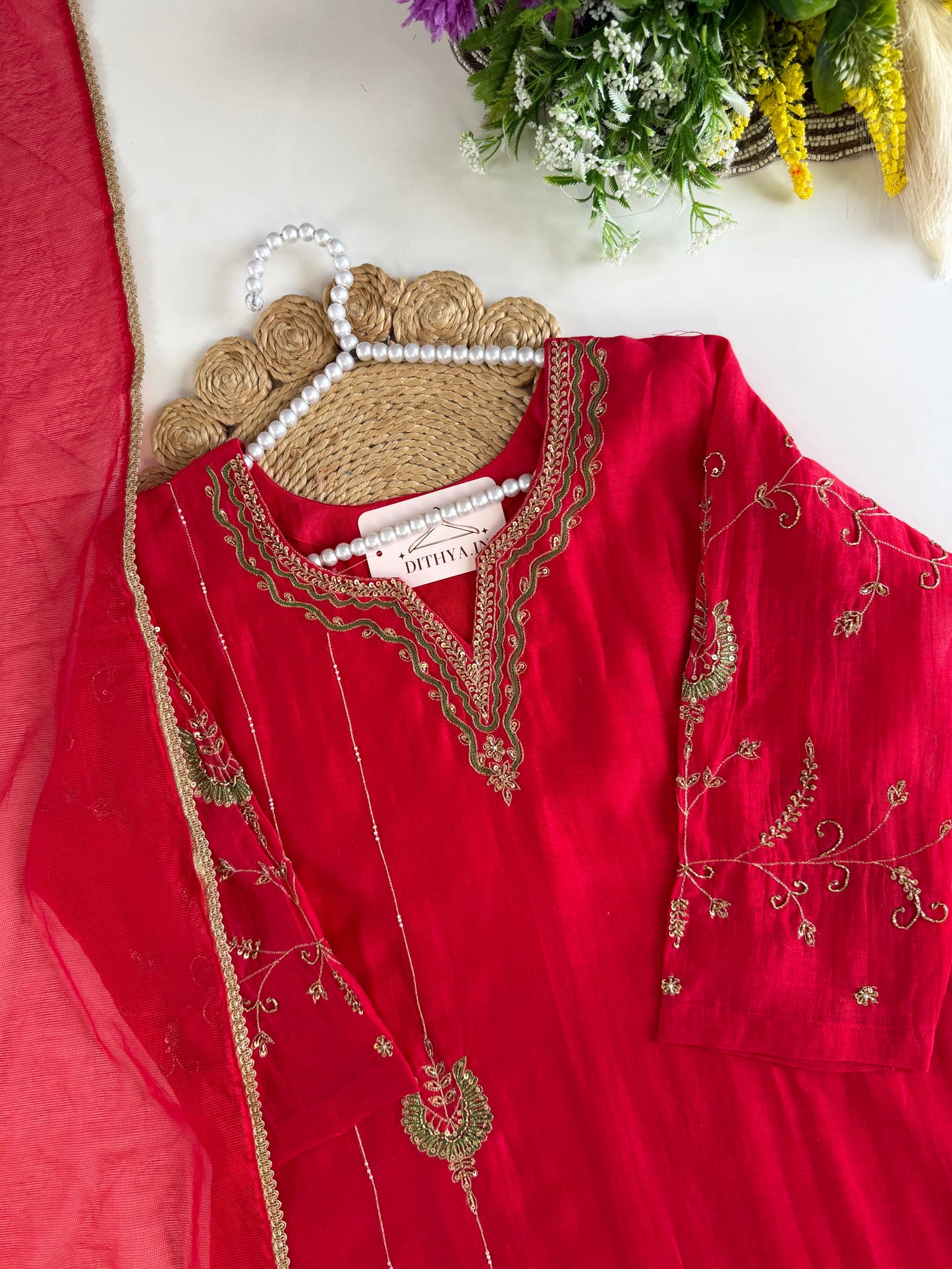 K532 - Mul chanderi Handwork aline Kurti with pants and dupatta