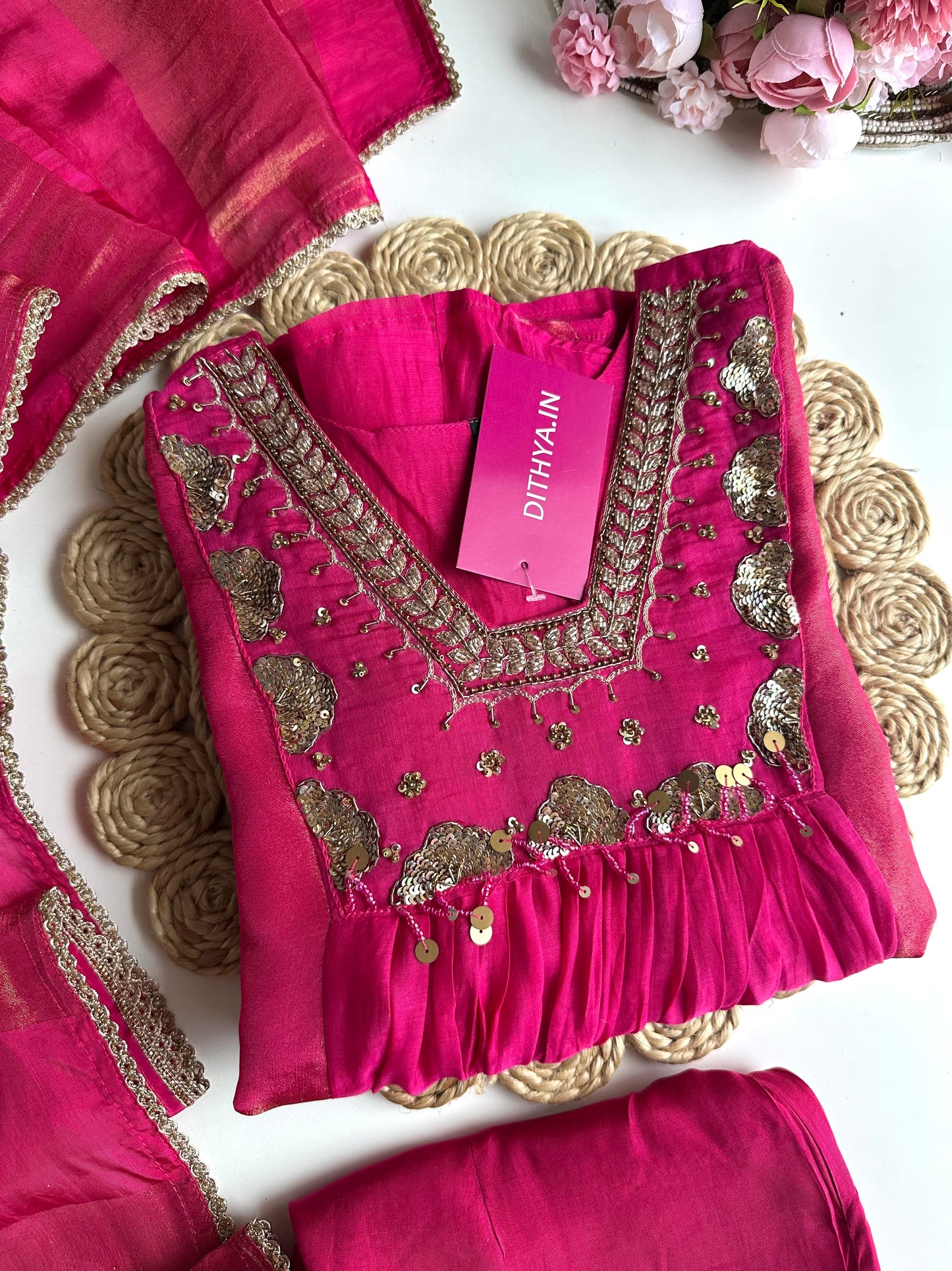K405 - Mul Chanderi handwork Aline Kurti with pants and dupatta in 2 colours
