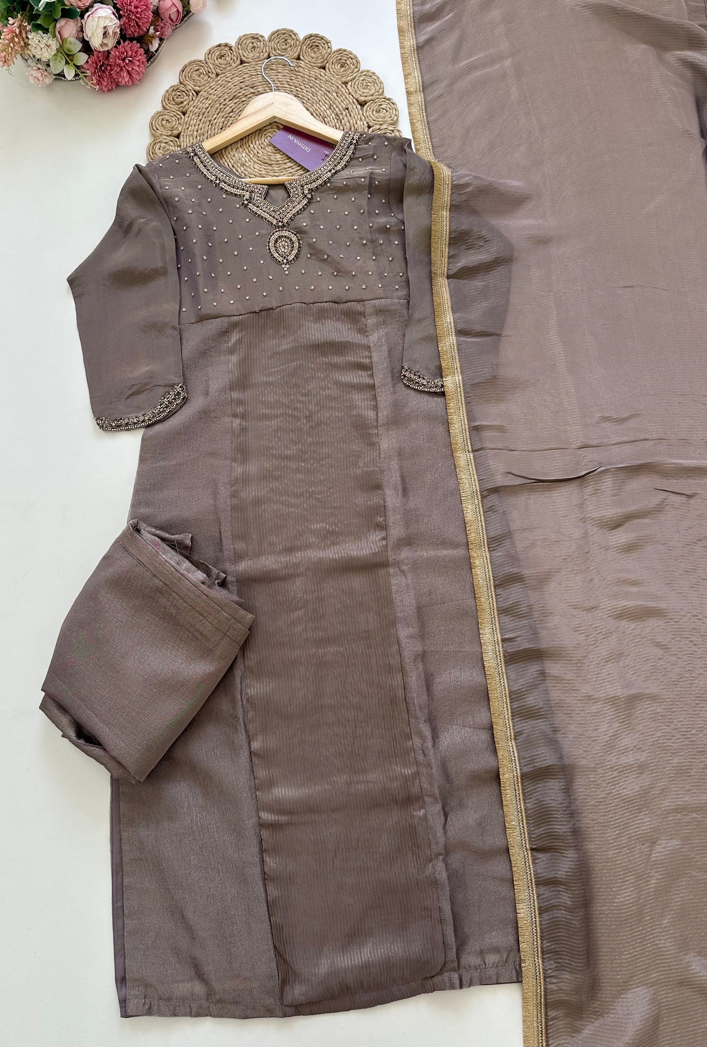 K128 - Tissue silk handwork Straight kurti with pants and dupatta .