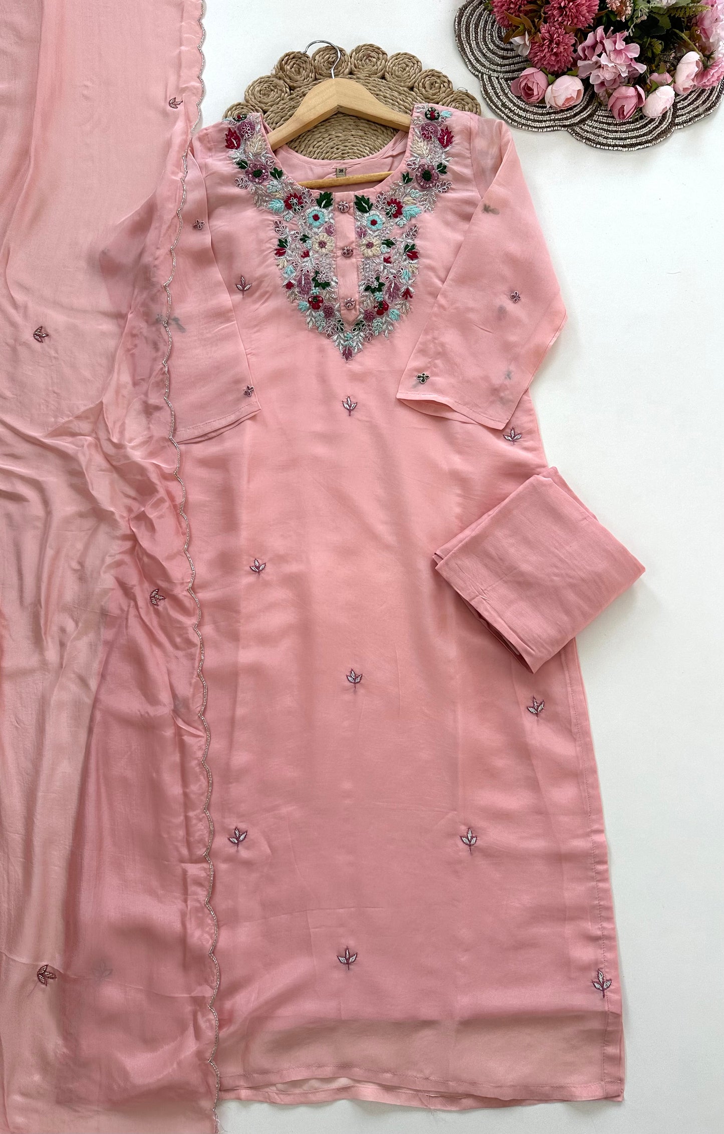 K152 - Viscose organza handwork straight Kurti with pants and dupatta in 2 colours