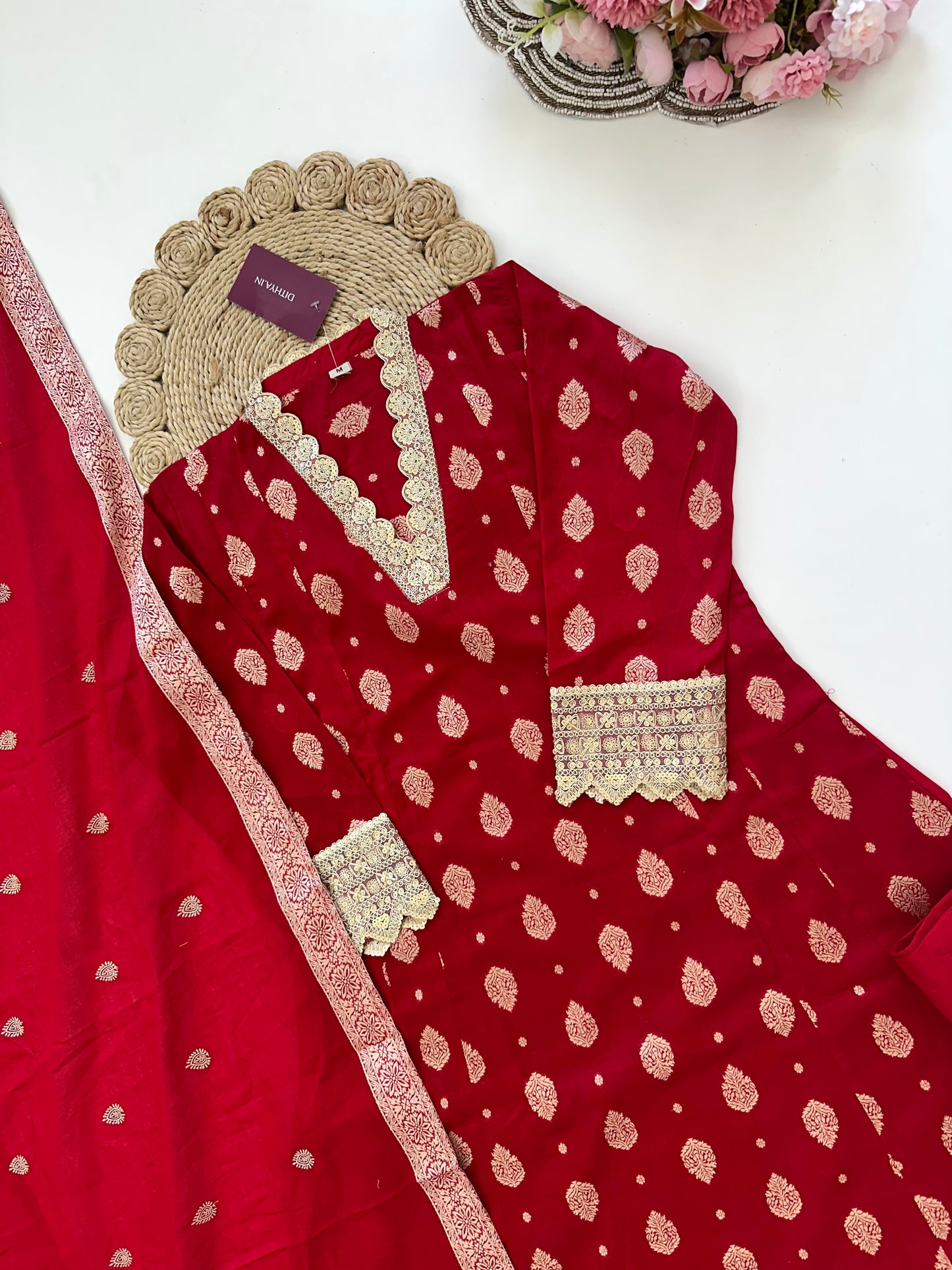 K094 - Cotton Jacquard Aline Kurti with pants and dupatta in 3 colours.