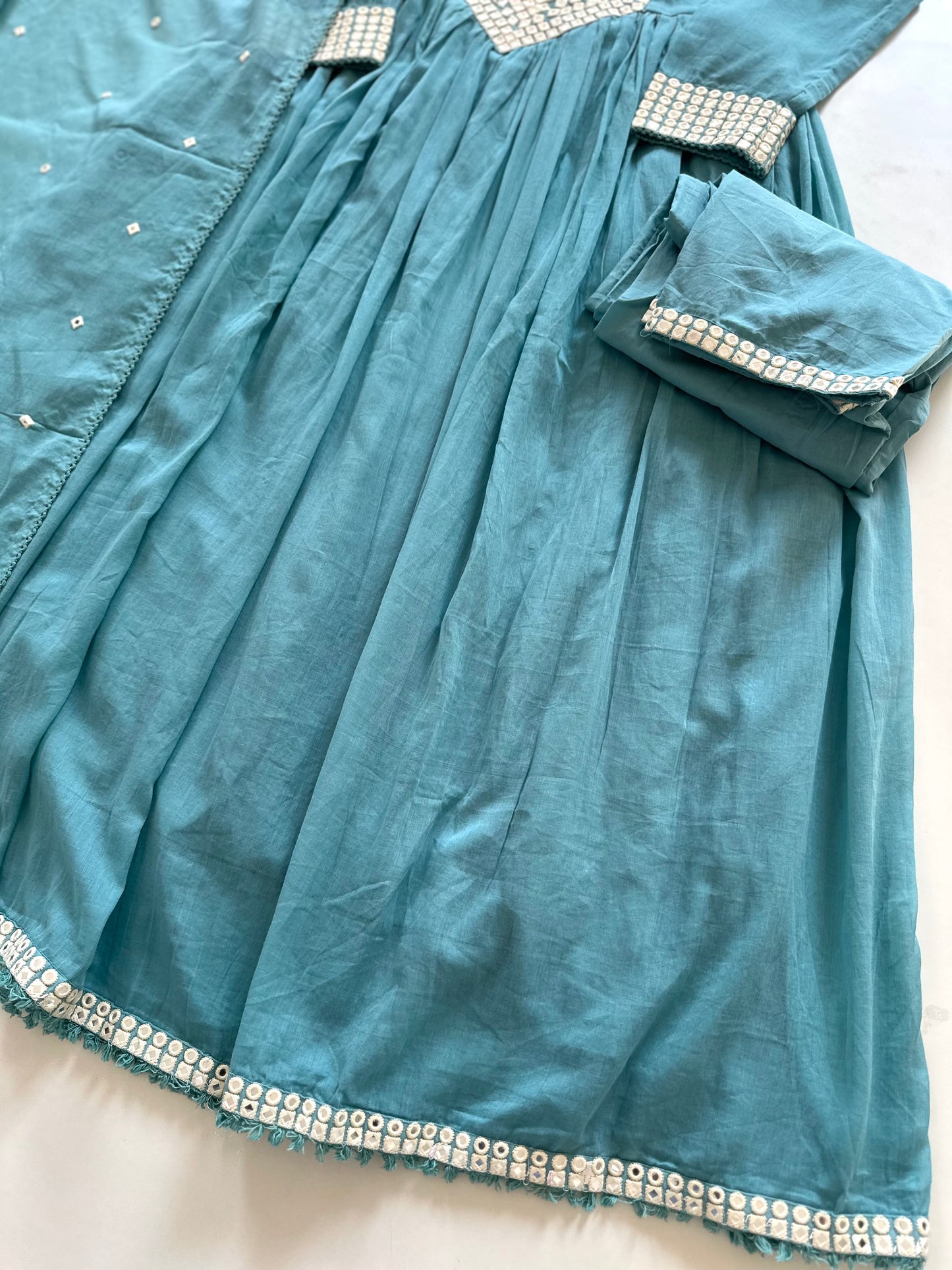 K116 - Mul mul cotton mirror work Anarkali with pants and dupatta in 2 colours