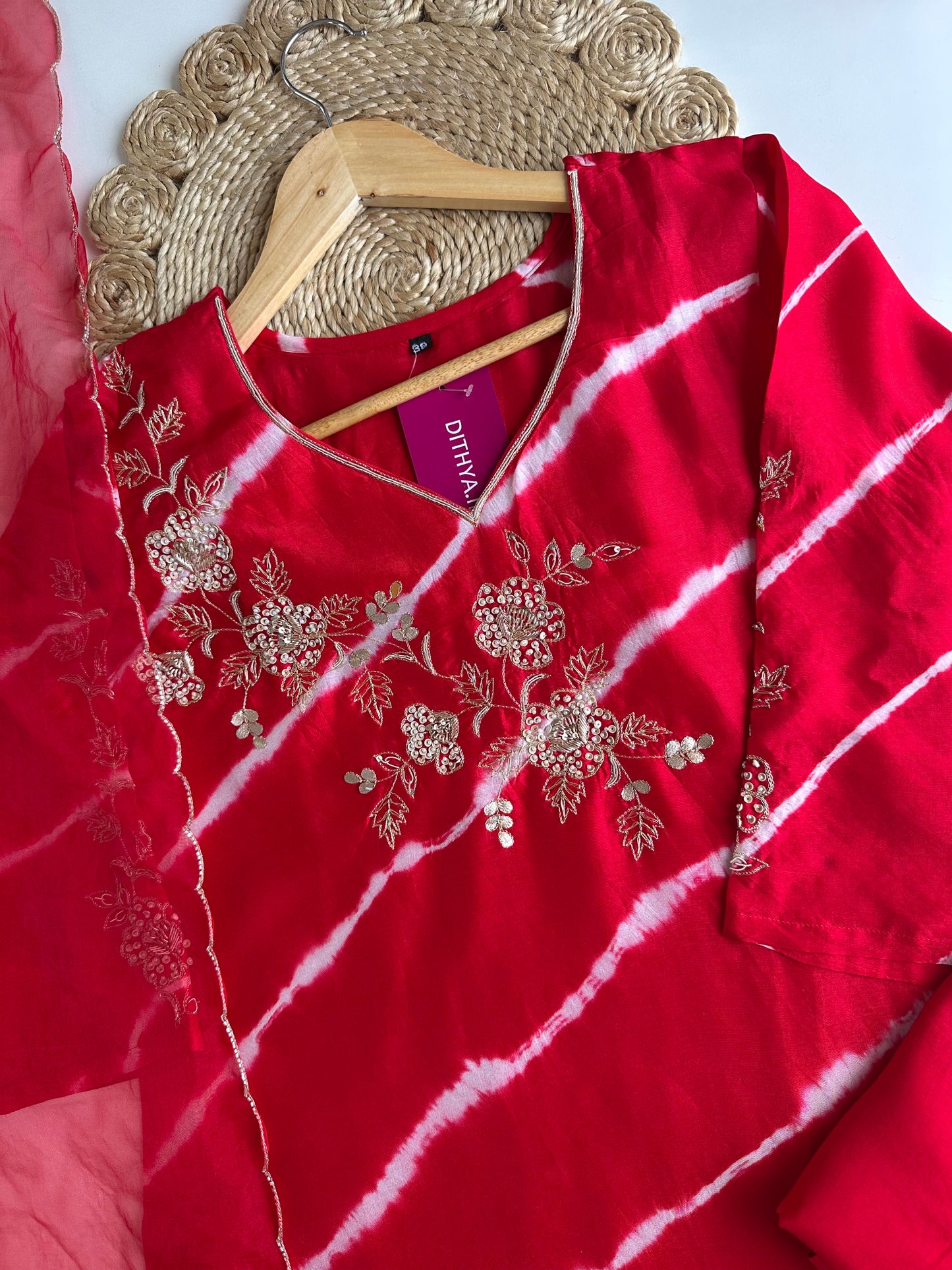 K016 - Russian silk leheriya handwork Straight Kurti with pants and dupatta in 2 styles