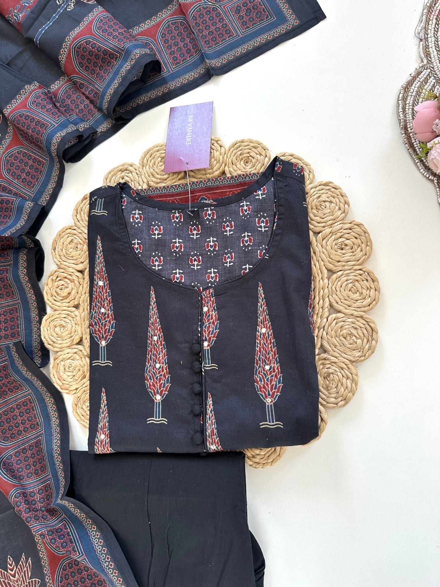 K007 - Mul cotton straight Kurti with pants and dupatta in 2 colours