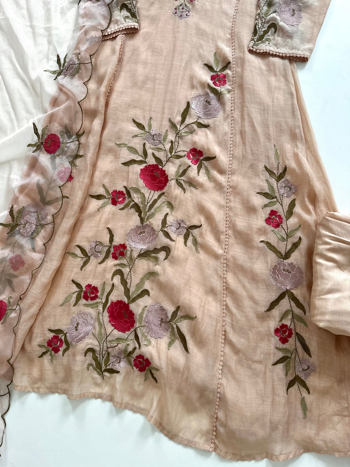 K379 - Mul Chanderi appliqué work Aline Kurti with pants and dupatta in 2 colours