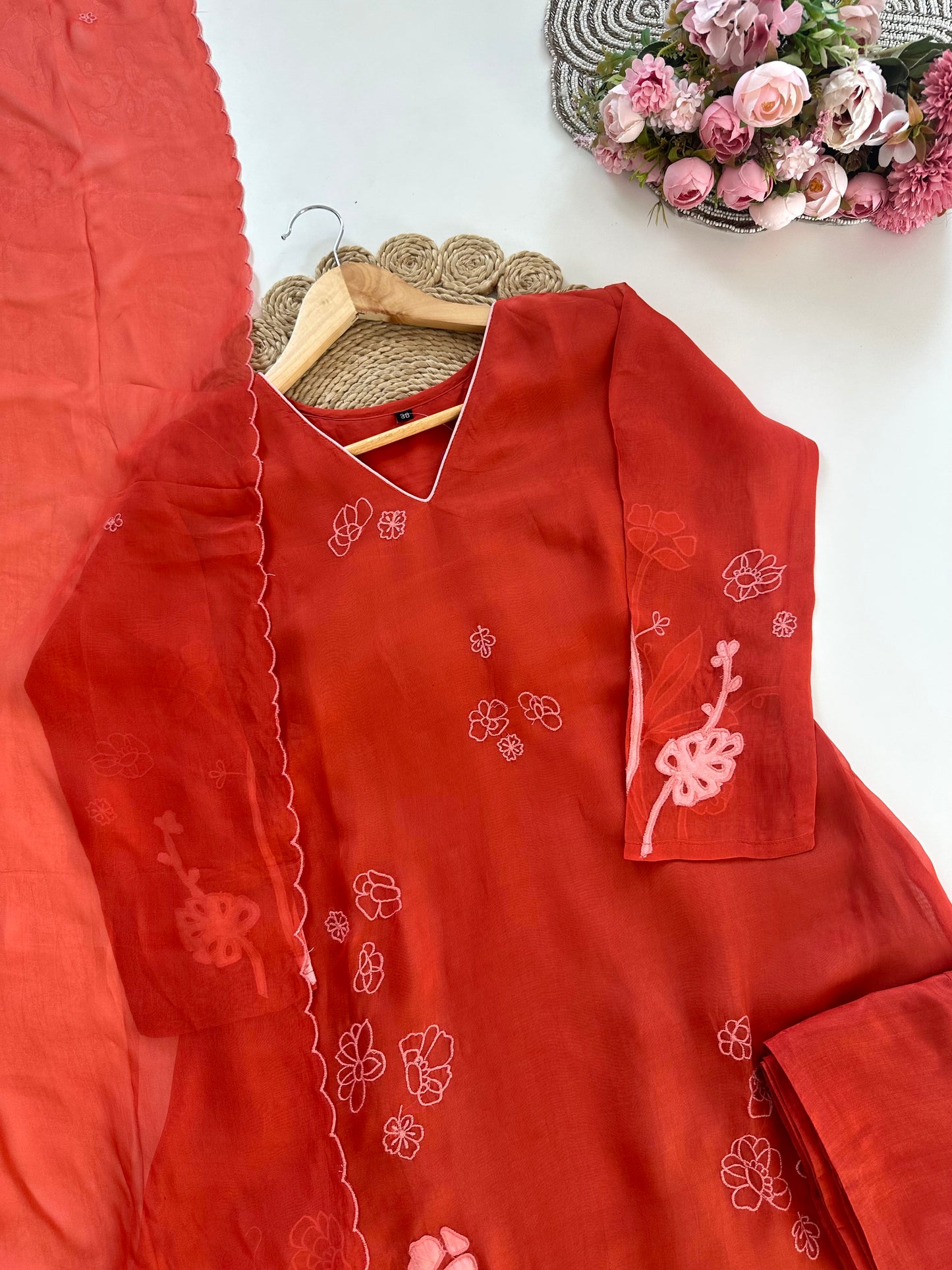 K225 - Pure viscose organza appliqué work Aline Kurti with pants and dupatta in 2 colours