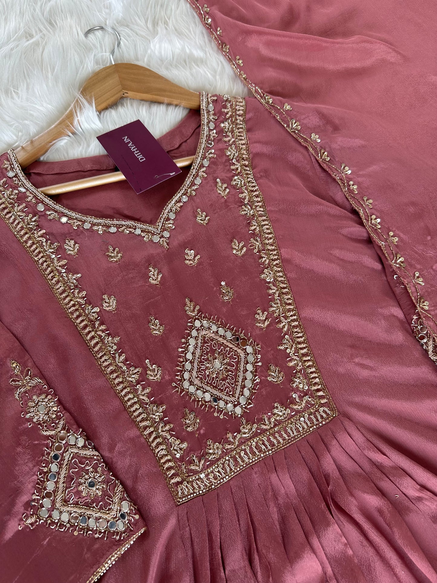 K399 - Handwork Chinnon Anarkali with pants and dupatta in 2 colour