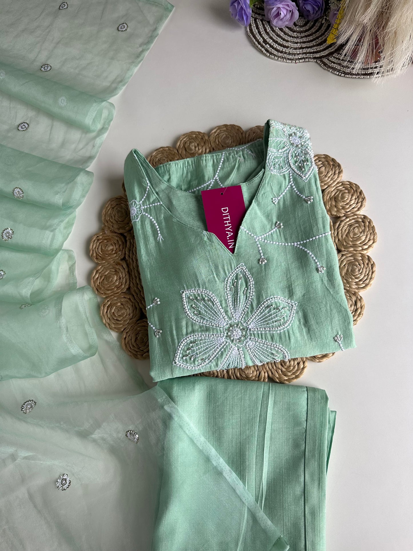 K100 - Roman silk embroidered straight Kurti with pants and dupatta