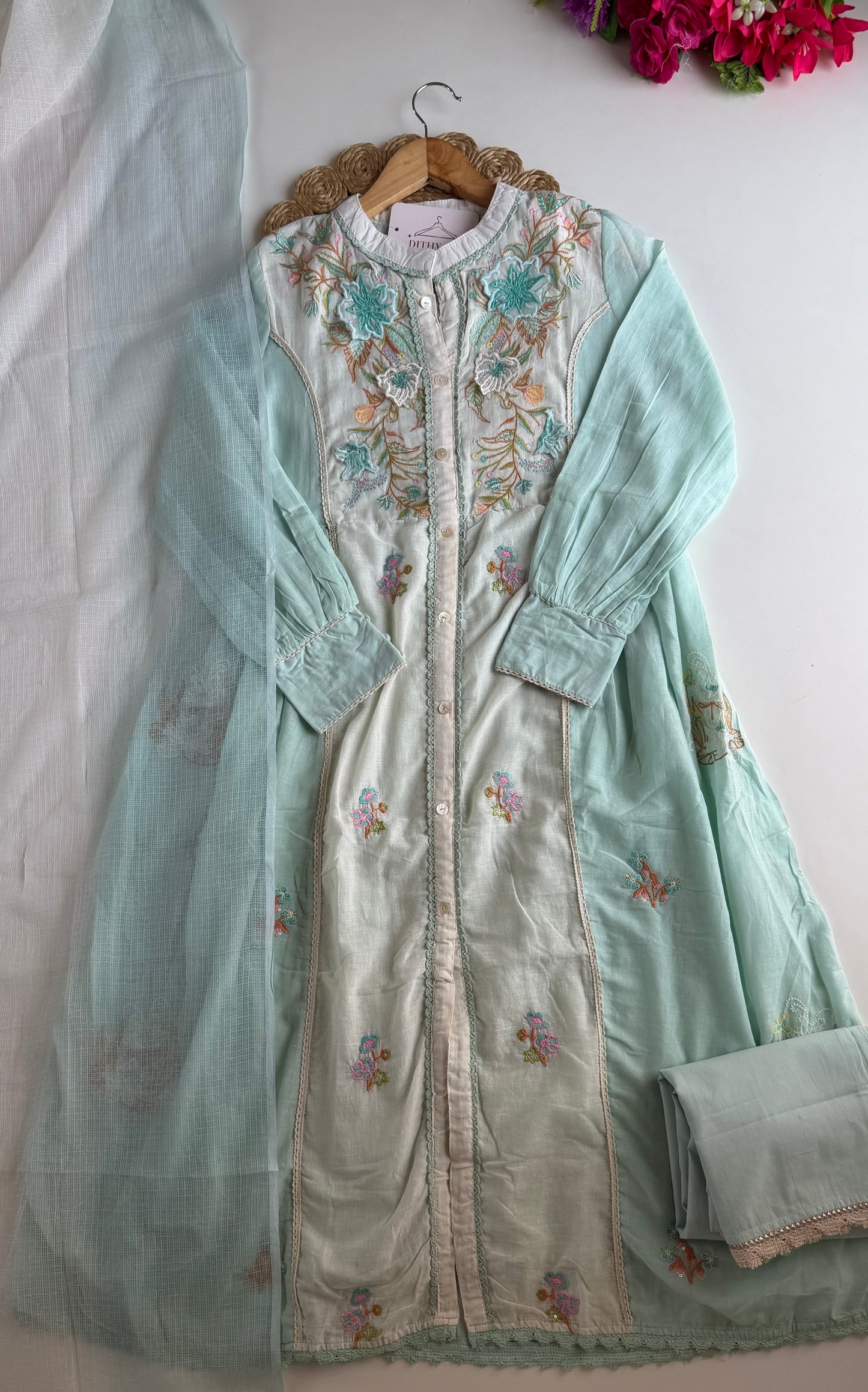 K660 - Mul chanderi 3D embroidered Anarkali with pants and dupatta