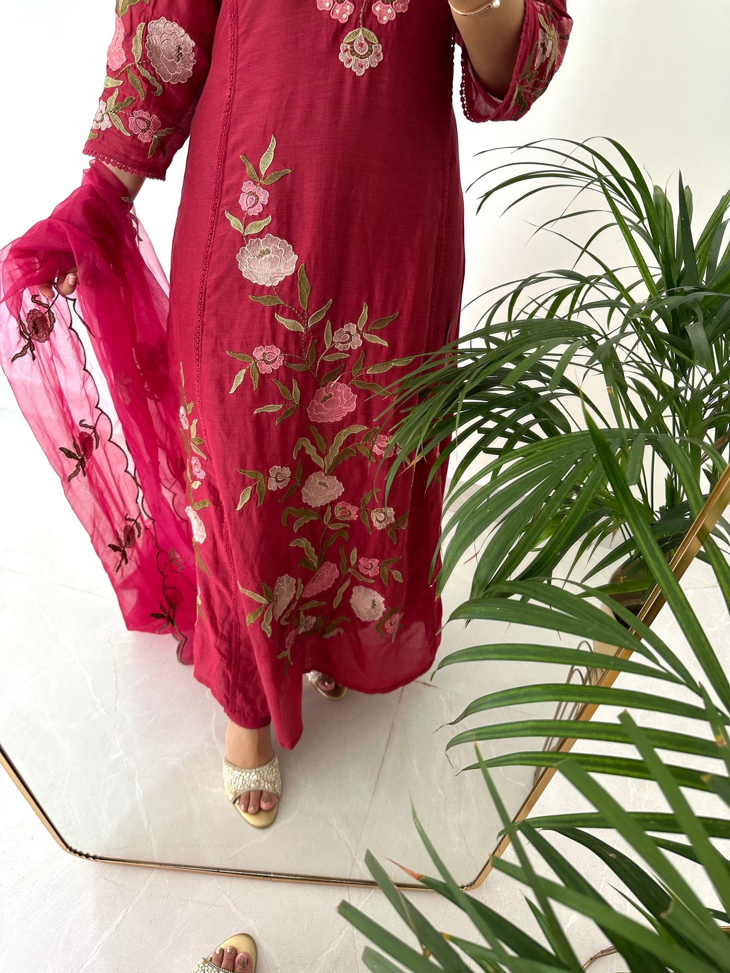 K379 - Mul Chanderi appliqué work Aline Kurti with pants and dupatta in 2 colours
