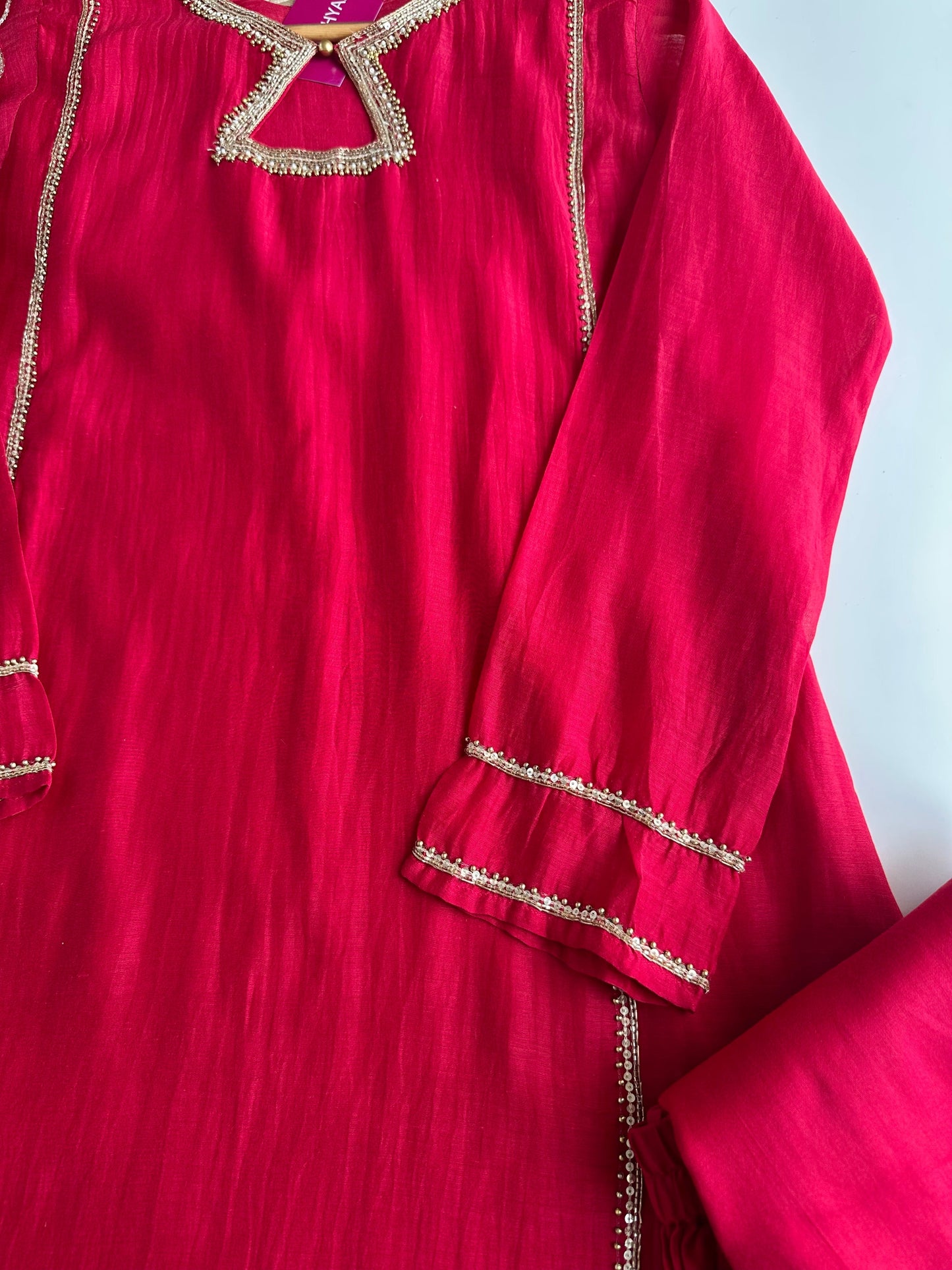 K228 - Mul Chanderi handwork Aline Kurti with pants and dupatta