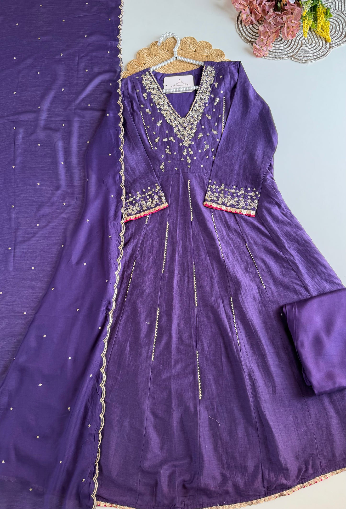 K283 - Mul chanderi embroidered Anarkali with pants and dupatta