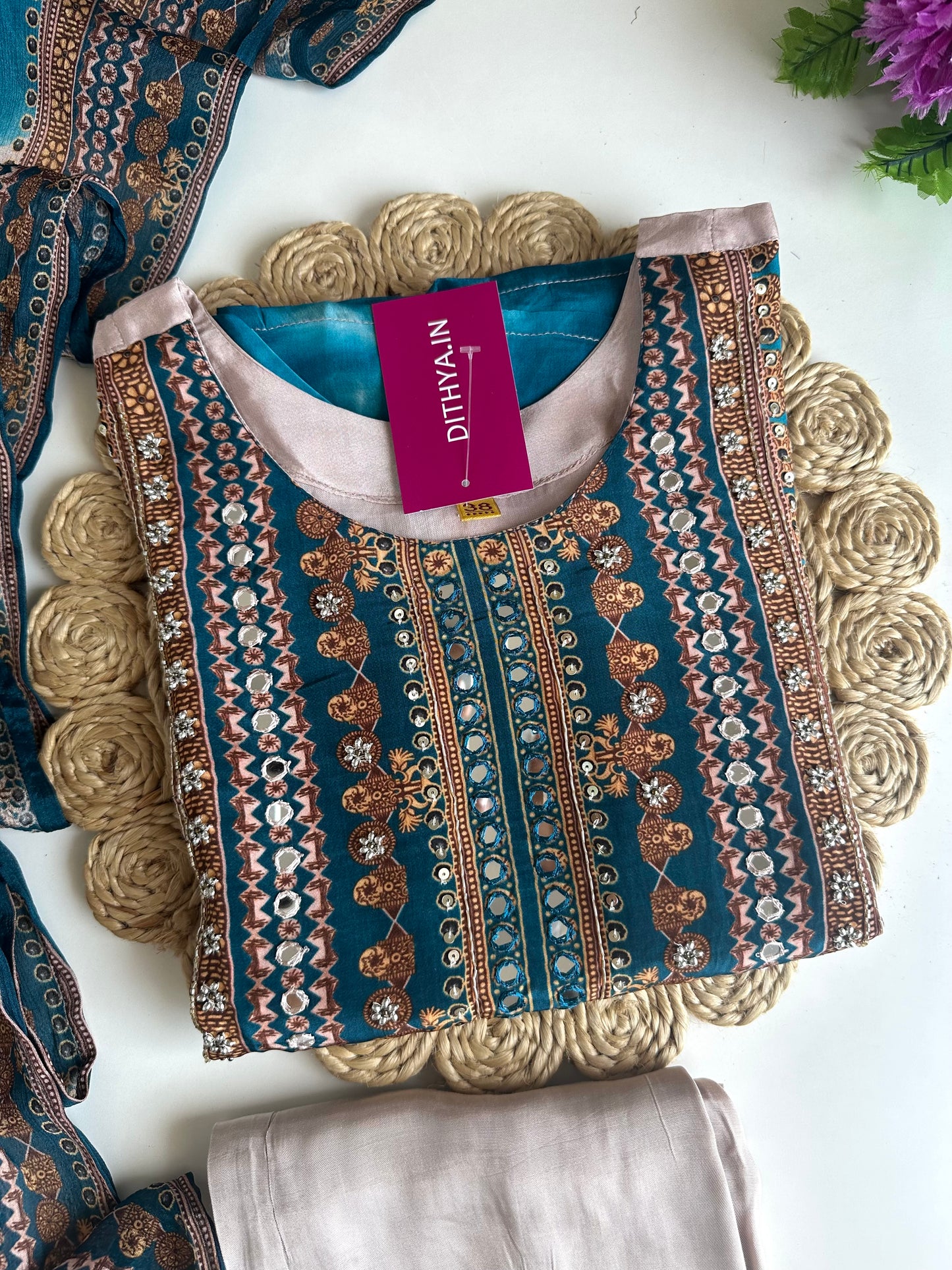 K037 - Pure crape floral handwork straight Kurti with pants and dupatta