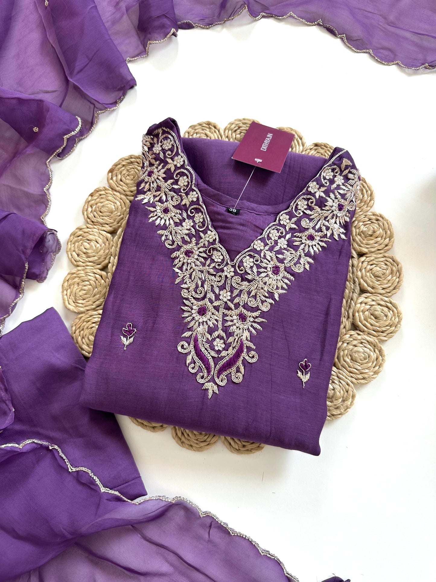 K126 - Zardosi mul Chanderi Aline Kurti with pants and dupatta
