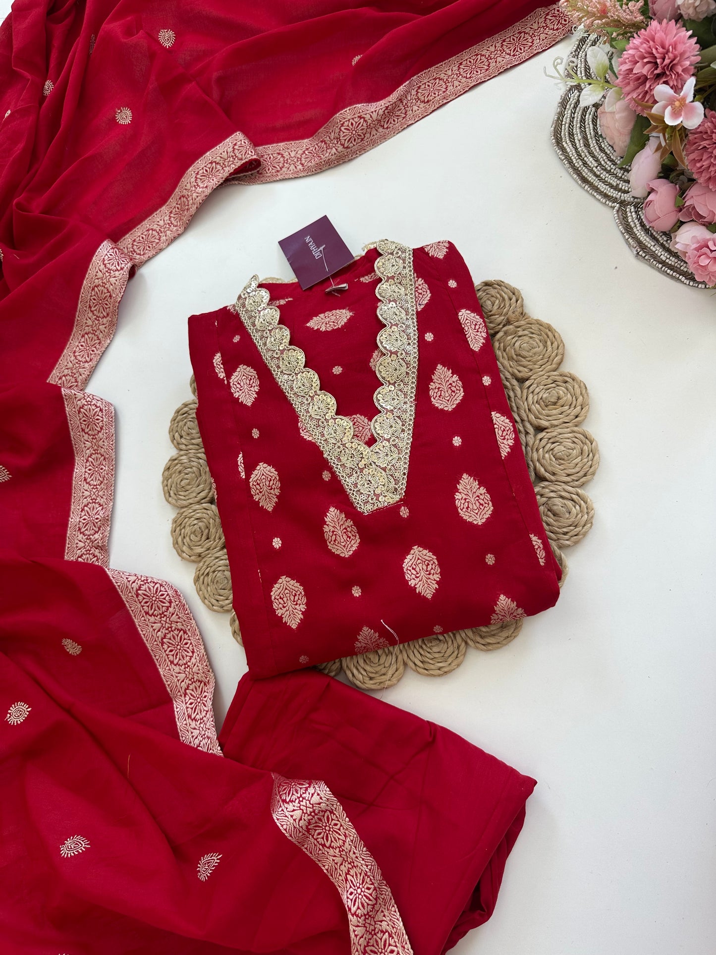 K094 - Cotton Jacquard Aline Kurti with pants and dupatta in 3 colours.