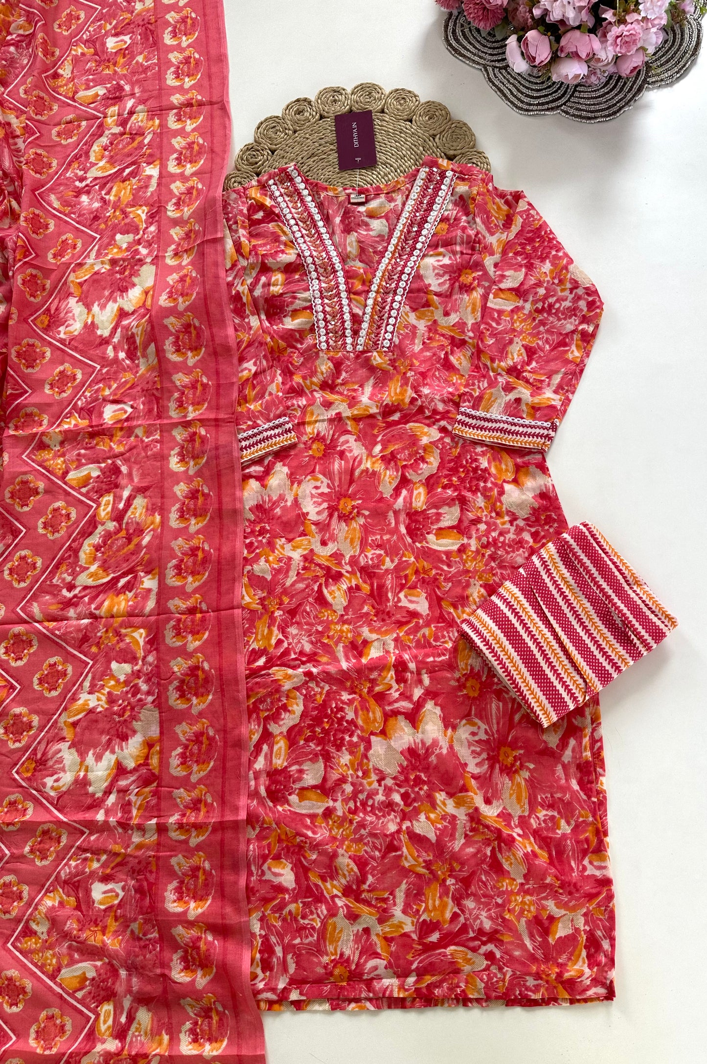 K387 - Cotton floral straight Kurti with pants and dupatta in 4 colours