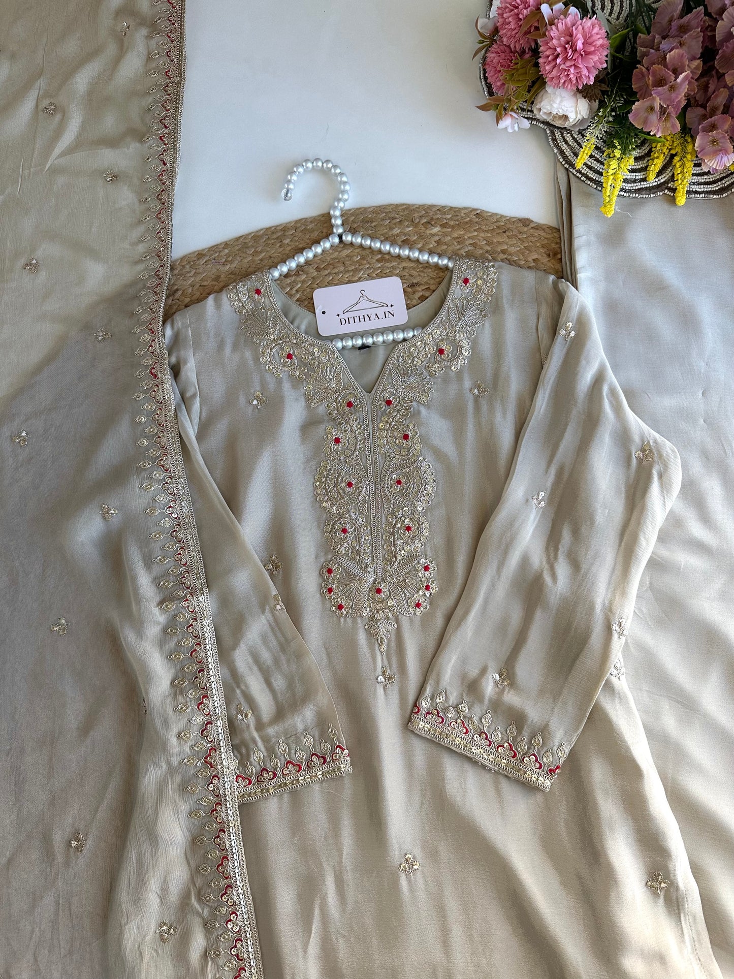 K435 - Chinnon zari work short Kurti with palazzo and dupatta