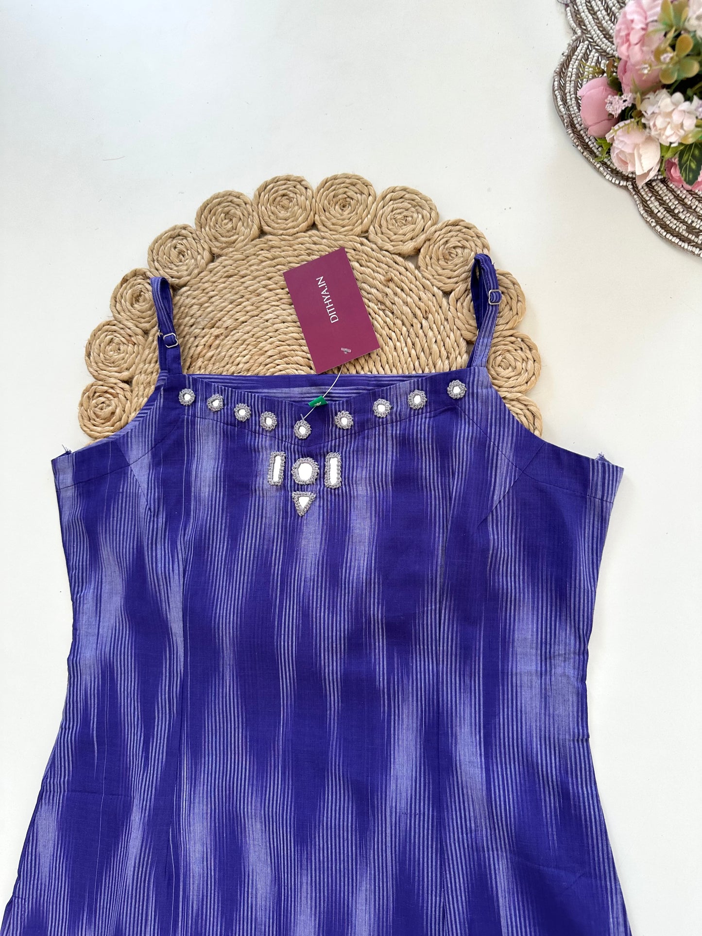 K040 - Cotton strap mirror work Kurti with pants in 3 colours