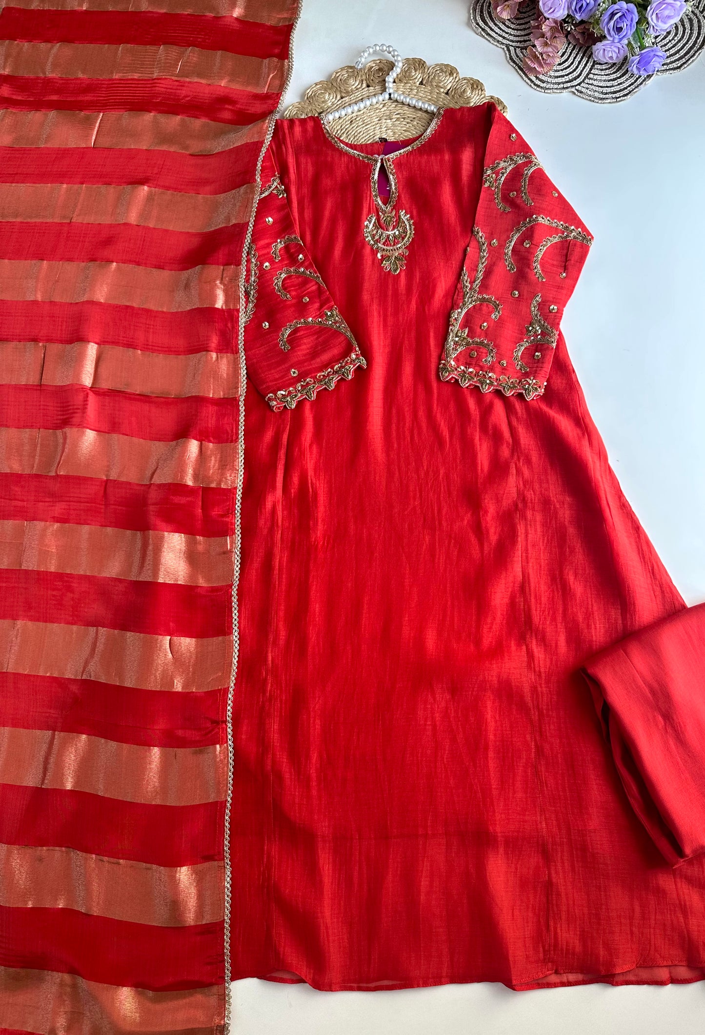 K035 - Mul Chanderi Handwork Aline Kurti with pants and dupatta