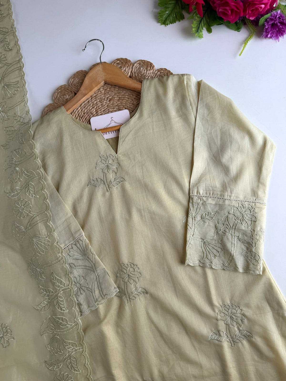 K208 - Crushed Mul chanderi embroidered straight Kurti with pants and dupatta in 2 colours