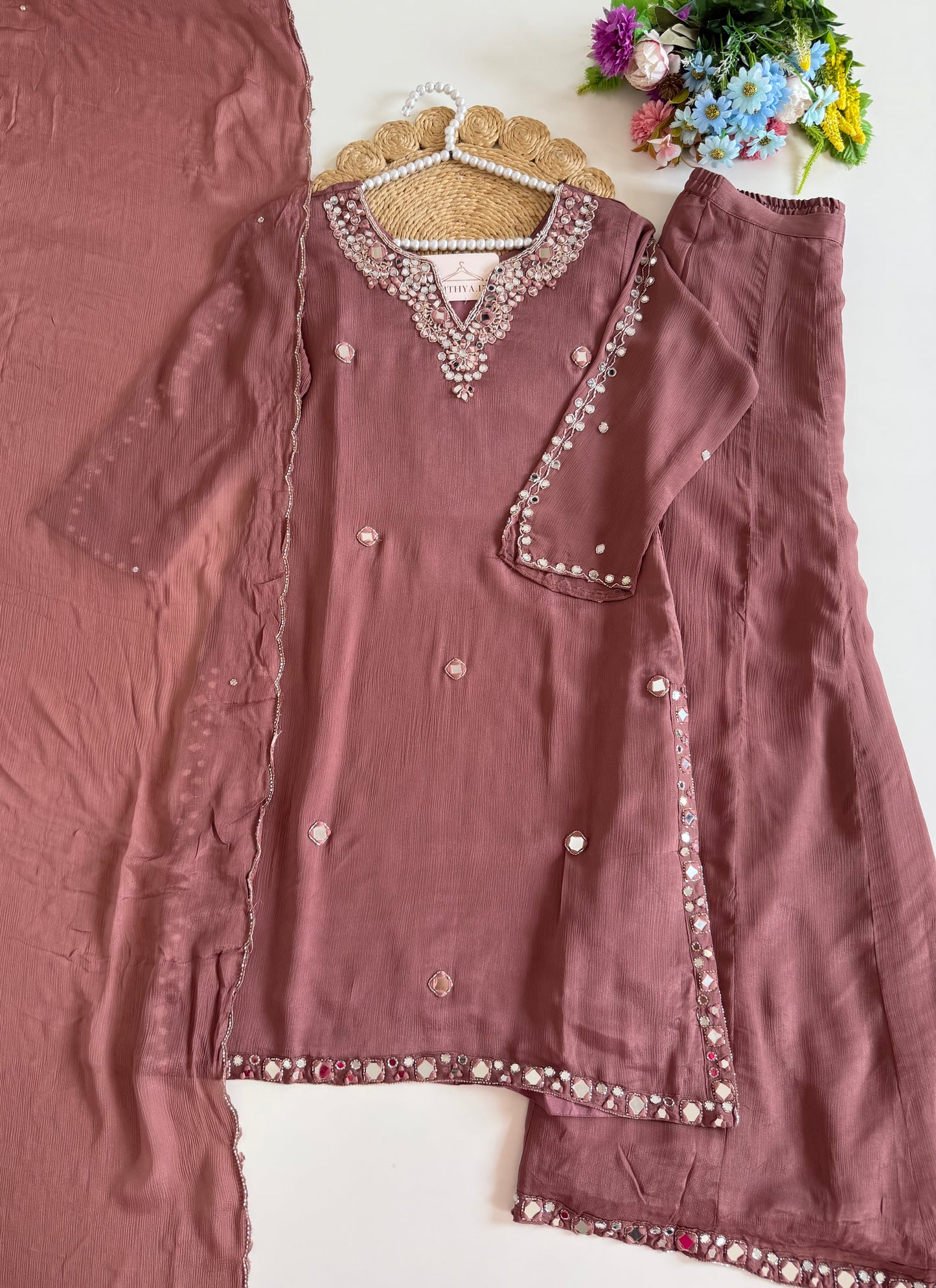 K204 - Pure Chinnon mirror work short Kurti with divider pants and dupatta