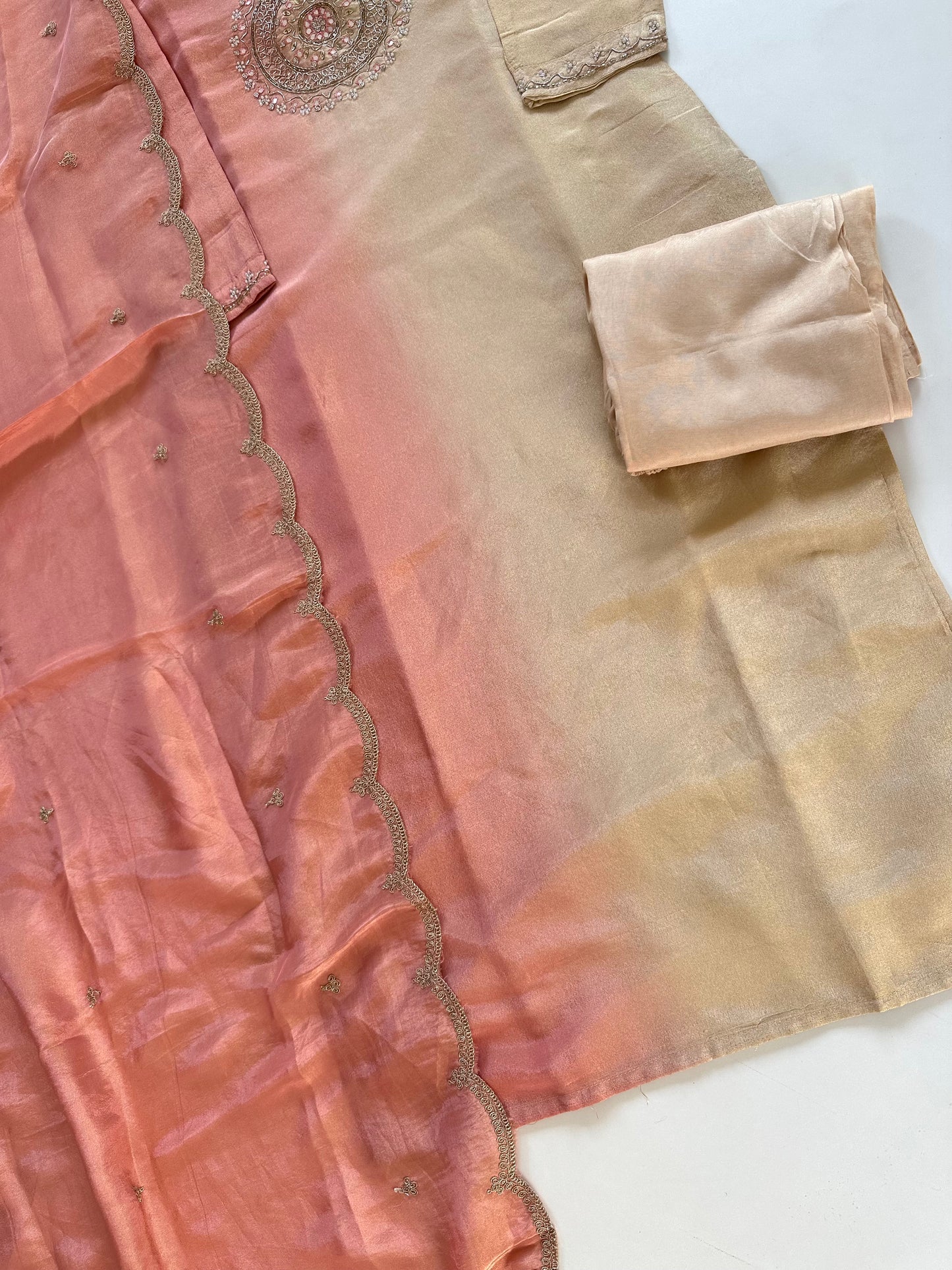 K132 - Tissue silk handwork straight kurti with pants and dupatta