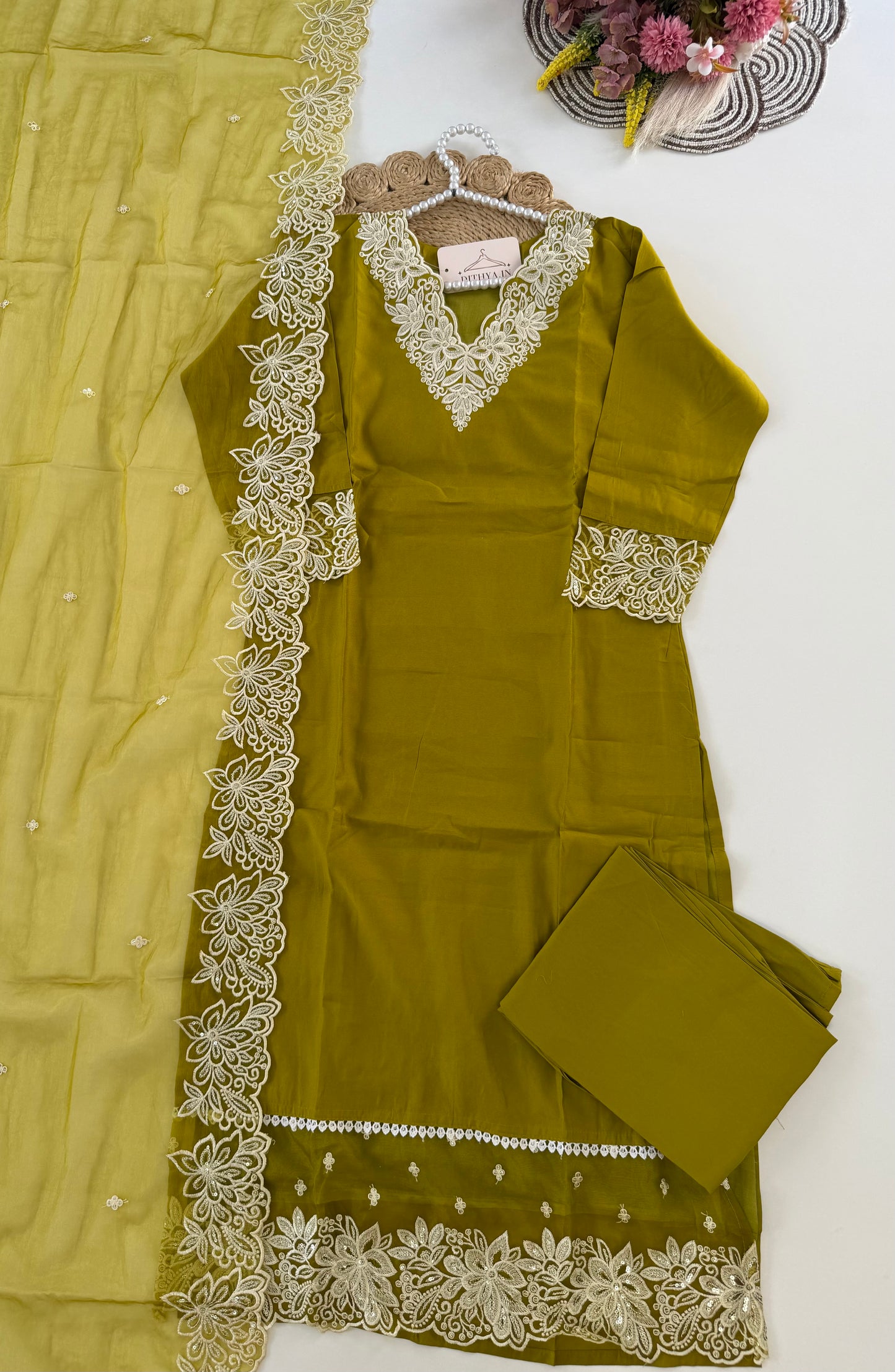 K516 - Roman silk embroidered straight Kurti with pants and dupatta