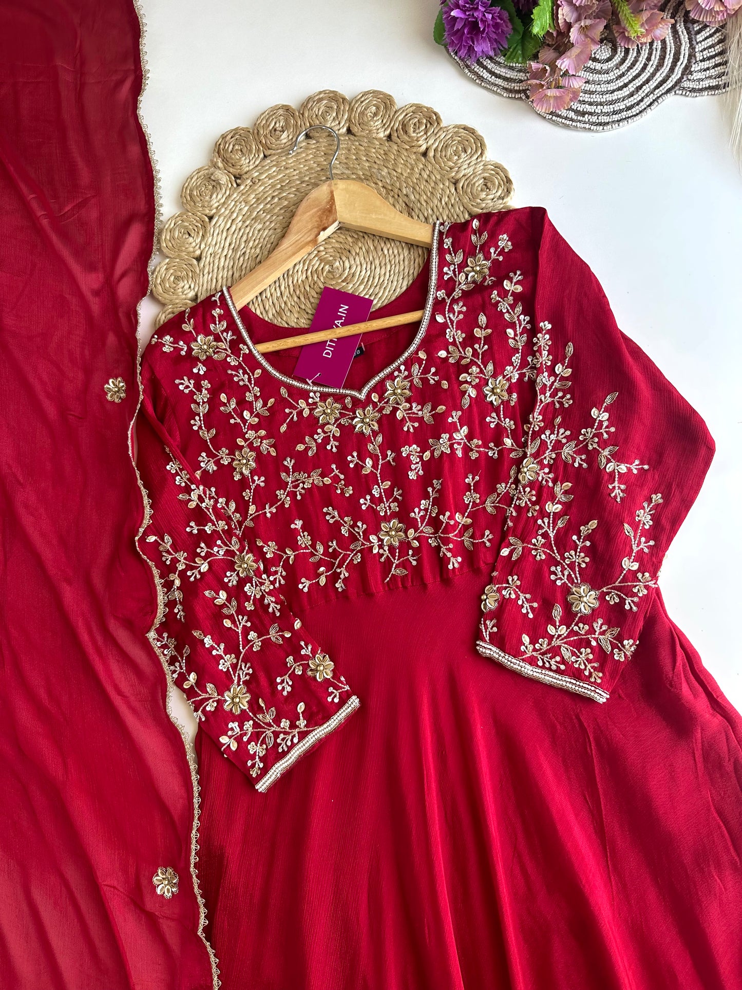 K158 - Pure Chinnon heavy handwork Anarkali with pants and dupatta