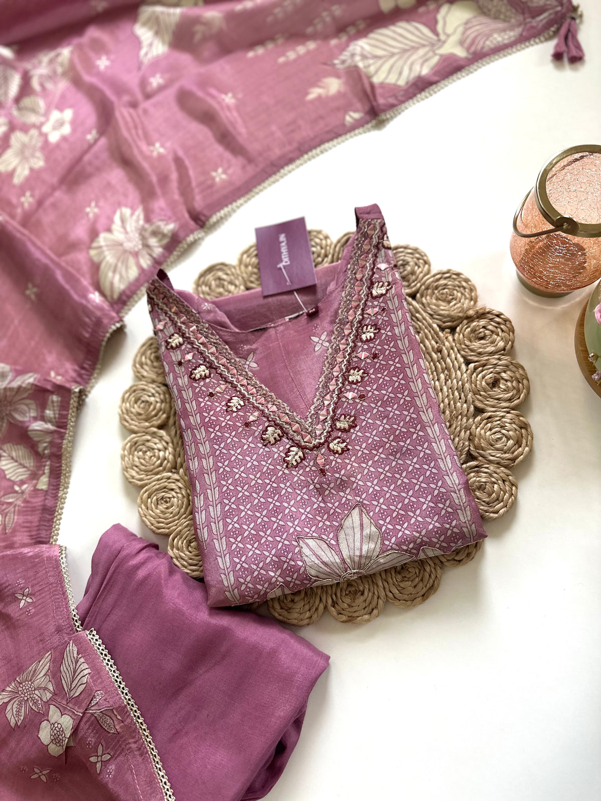 K335 - Printed tissue silk straight kurti with pants and dupatta