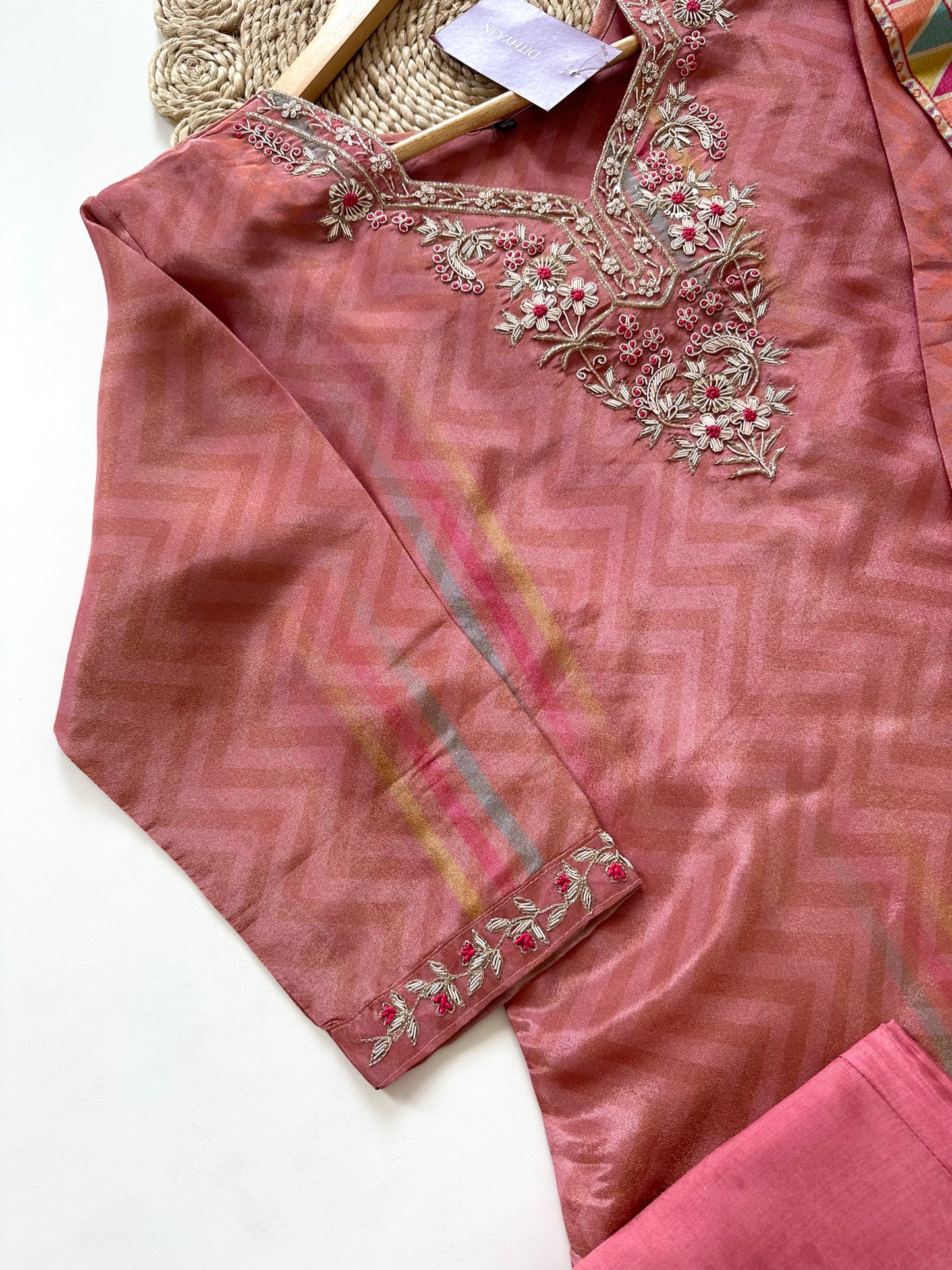 K125 - Handwork Tissue silk printed straight Kurti with pants and dupatta