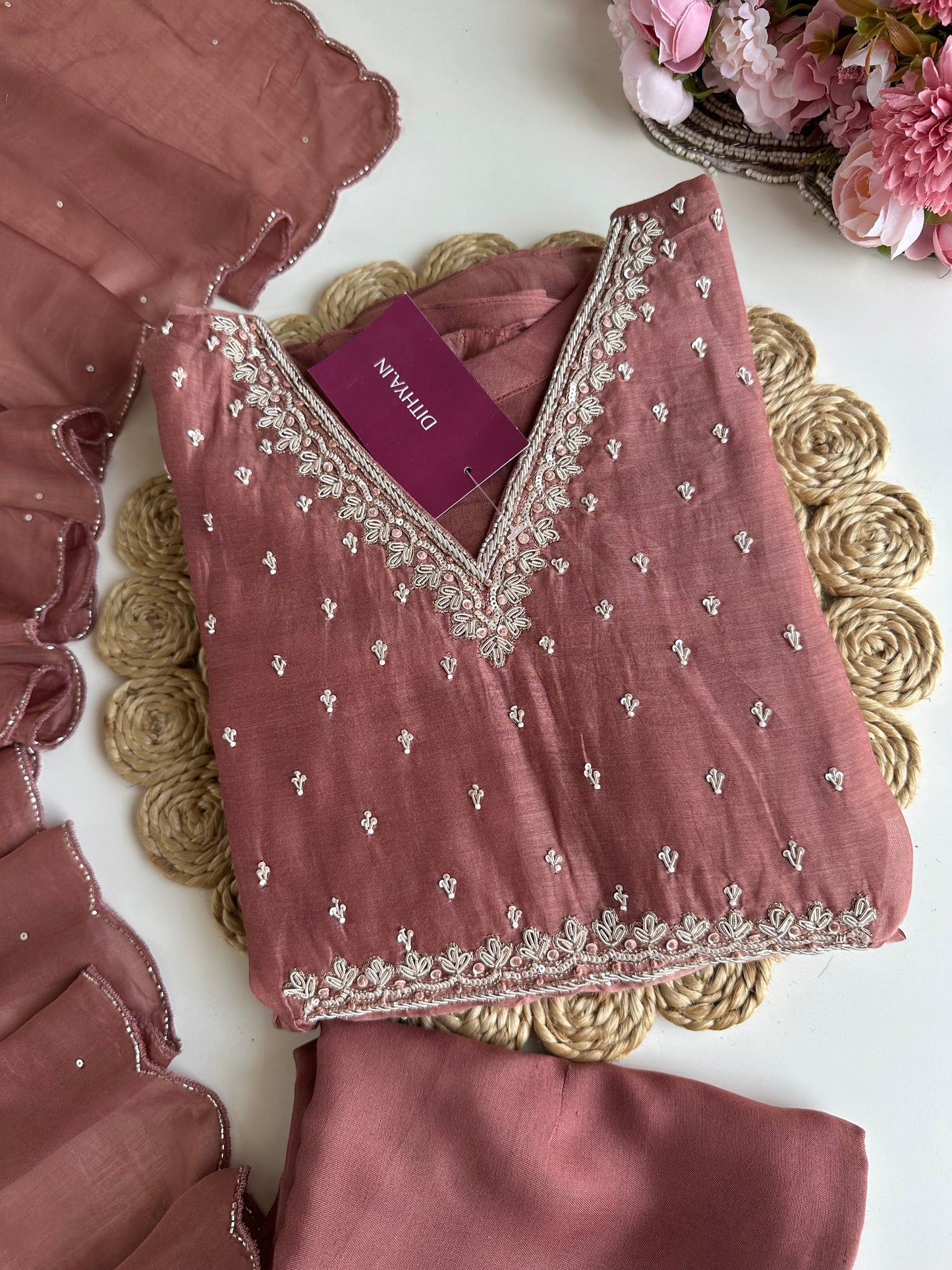 K092 - Mul Chanderi handwork Aline Kurti with pants and dupatta