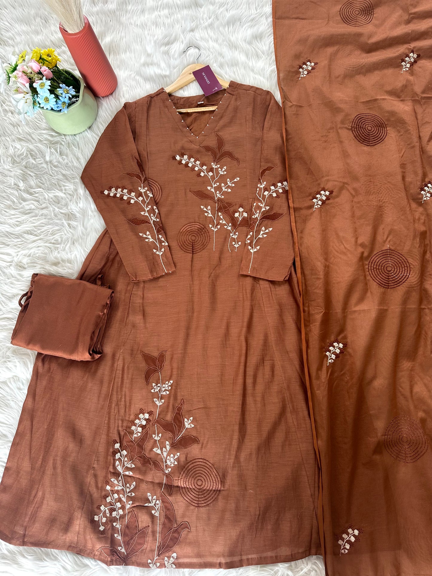 K210 - Mul Chanderi appliqué work Anarkali with pants and dupatta in 2 colours