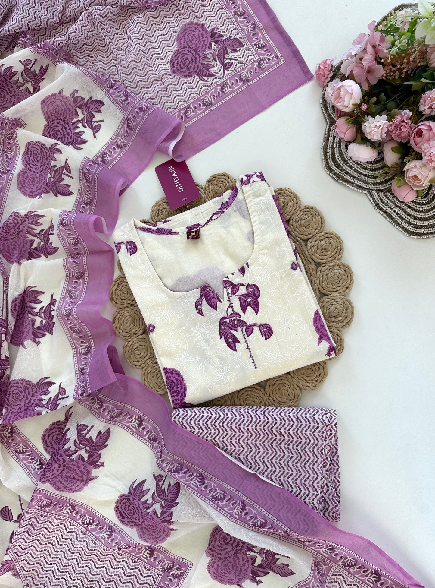 K205 - Cotton printed straight Kurti with pants and dupatta