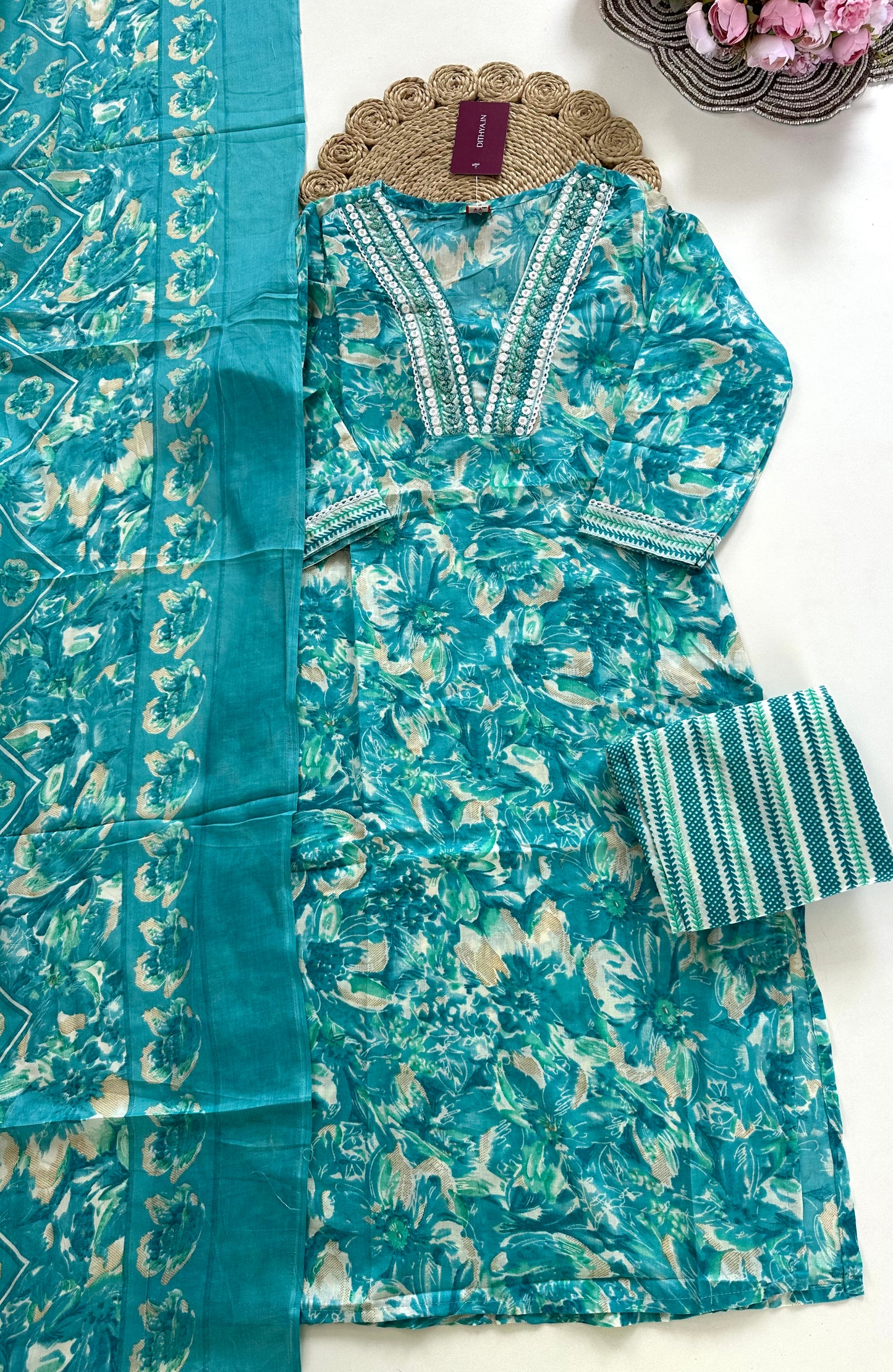 K387 - Cotton floral straight Kurti with pants and dupatta in 4 colours