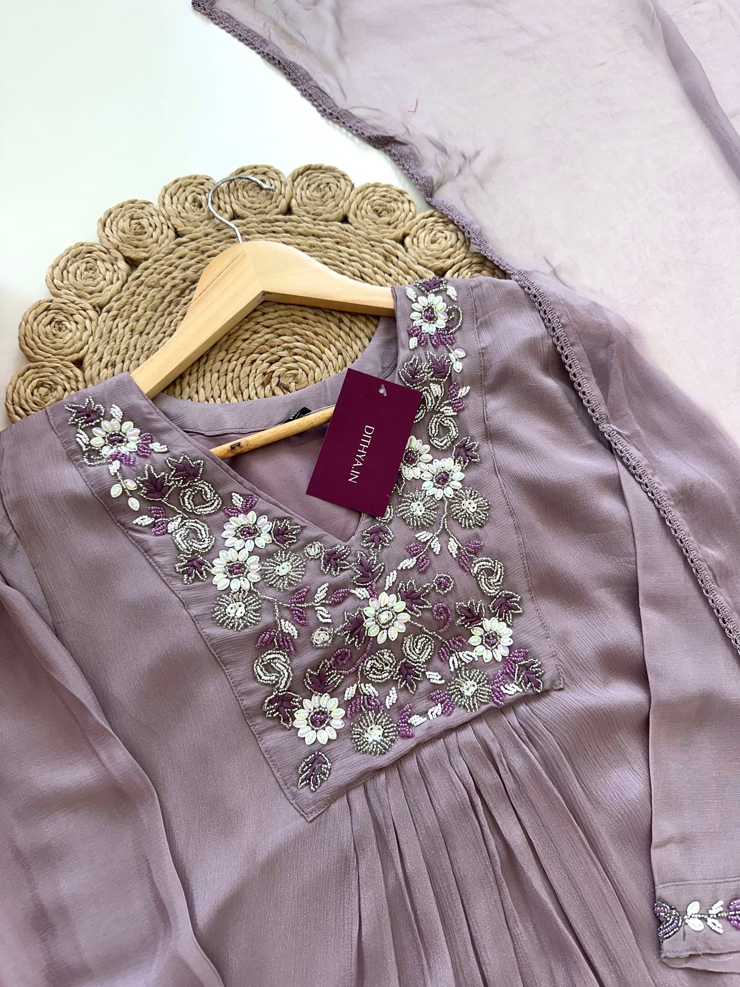 K232 - Chinnon handwork Aline Kurti with palazzo and dupatta