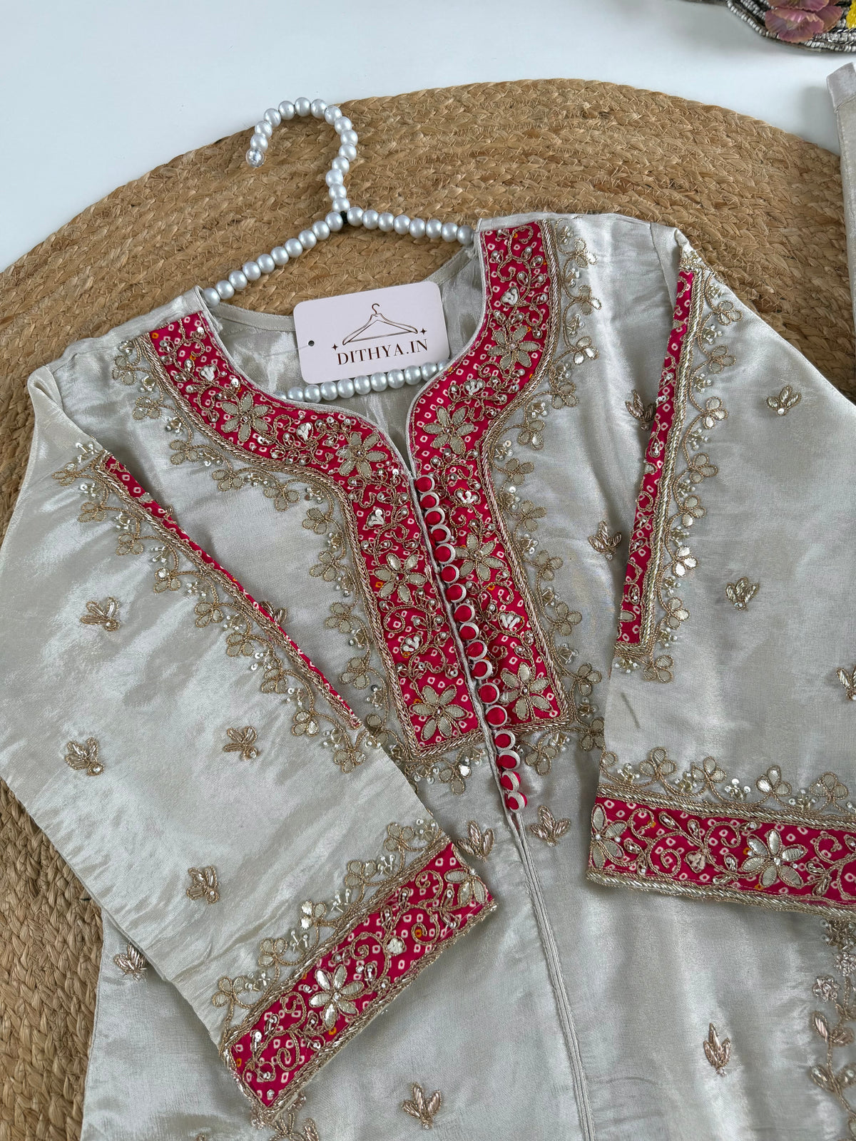 K225 - Tissue silk gota handwork short Kurti with divider pants