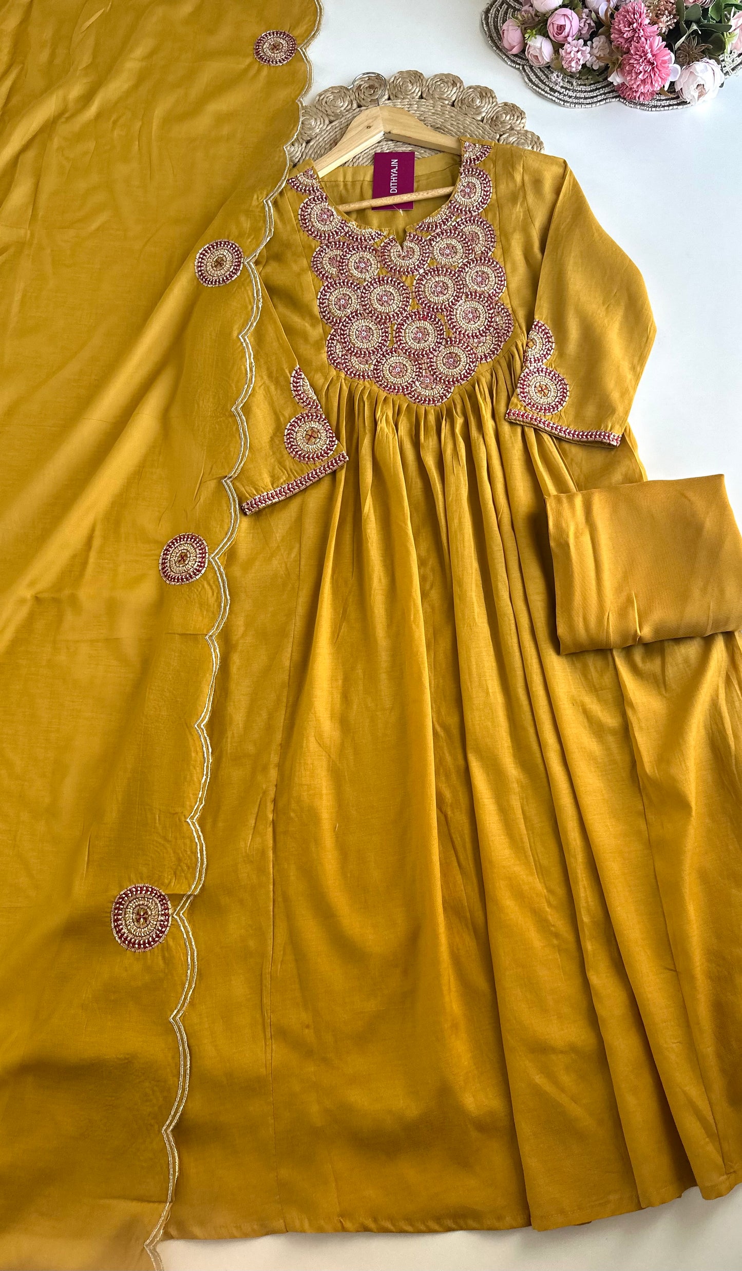 K169 - Mul Chanderi handwork Aline Kurti with pants and dupatta