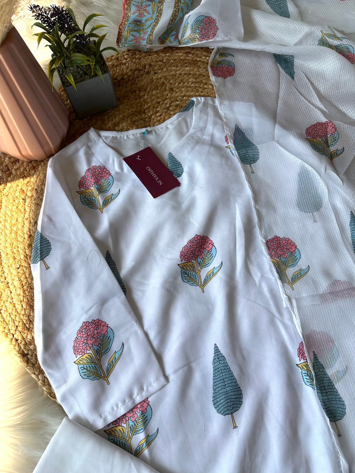K225 - Cotton printed straight Kurti with pants and dupatta