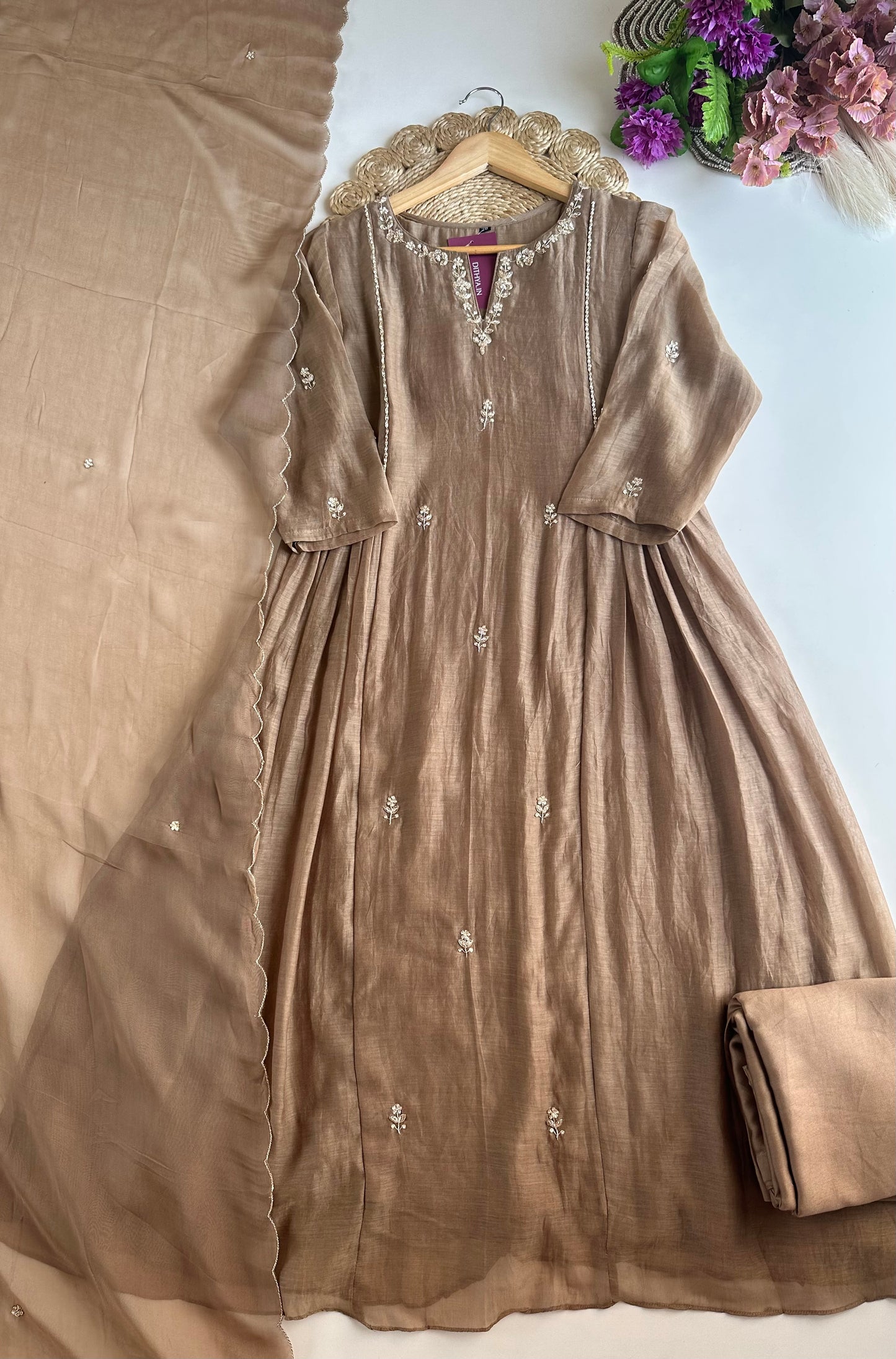K160 - Mul Chanderi handwork Aline Kurti with pants and dupatta