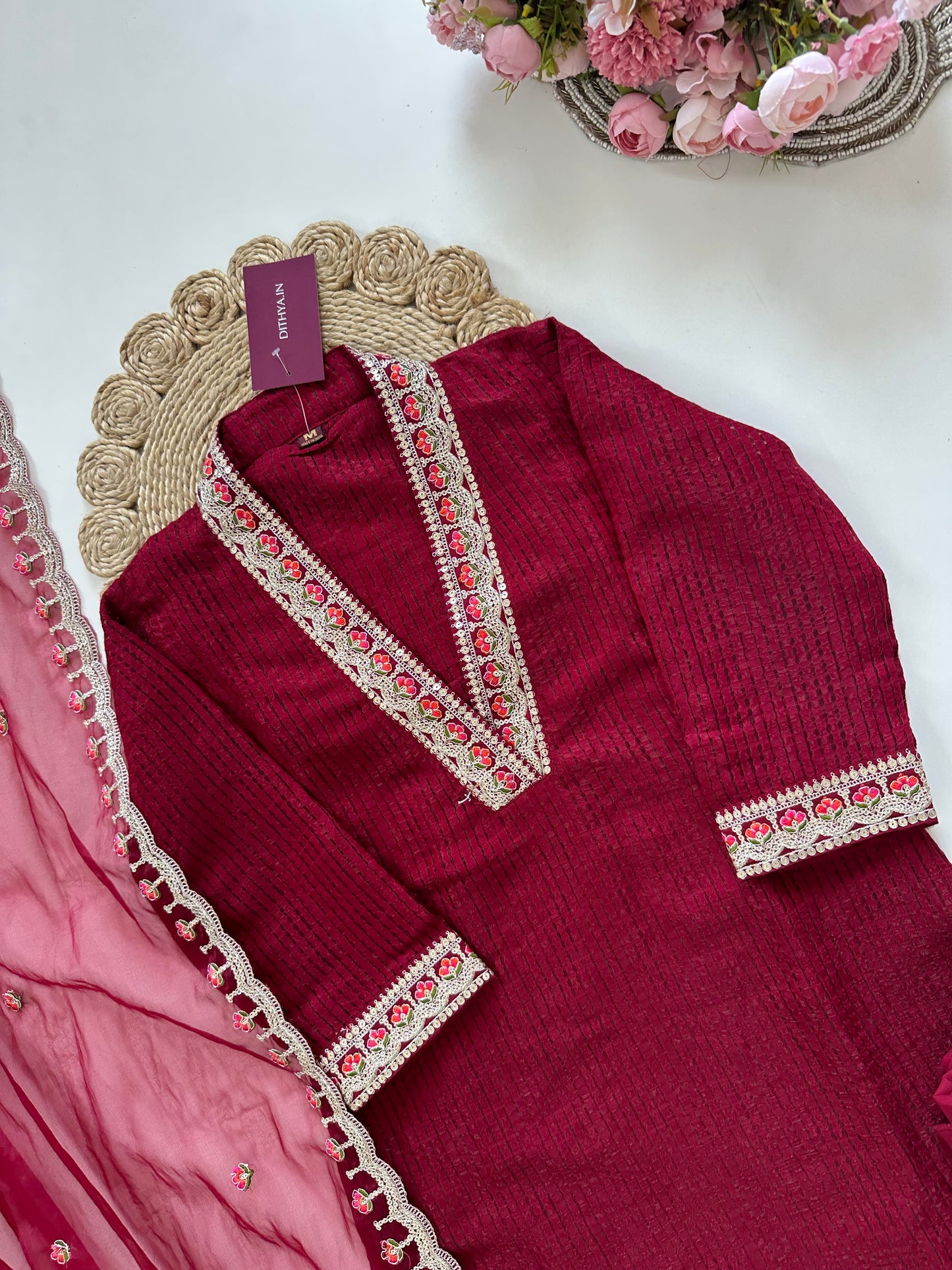 K107 - Jacquard silk Collar neck straight kurti with pants and dupatta in 2 colours